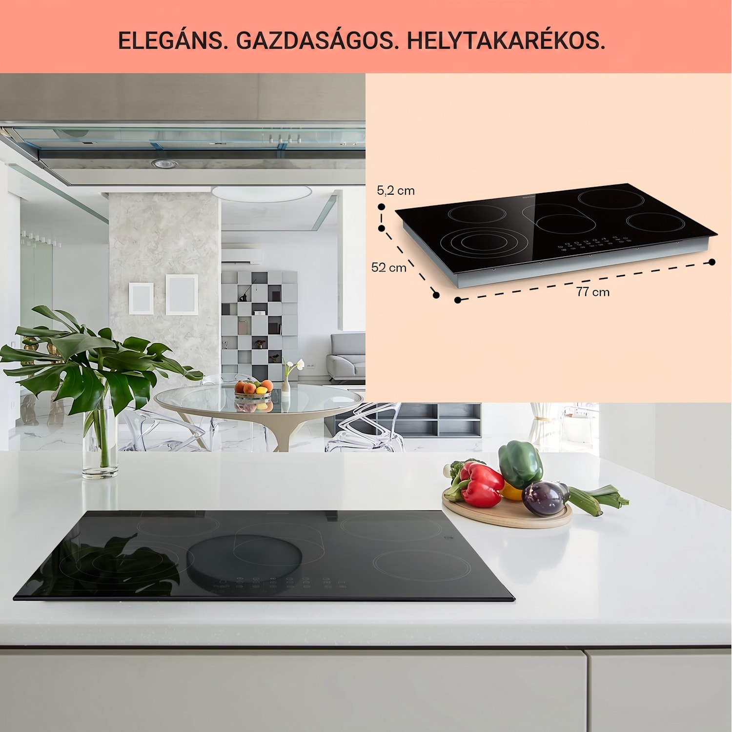 Virtuosa 5, beépített főzőlap, 5 zóna, 8500W, üvegkerámia 75 cm | Ovális/Hármas | Keret nélküli