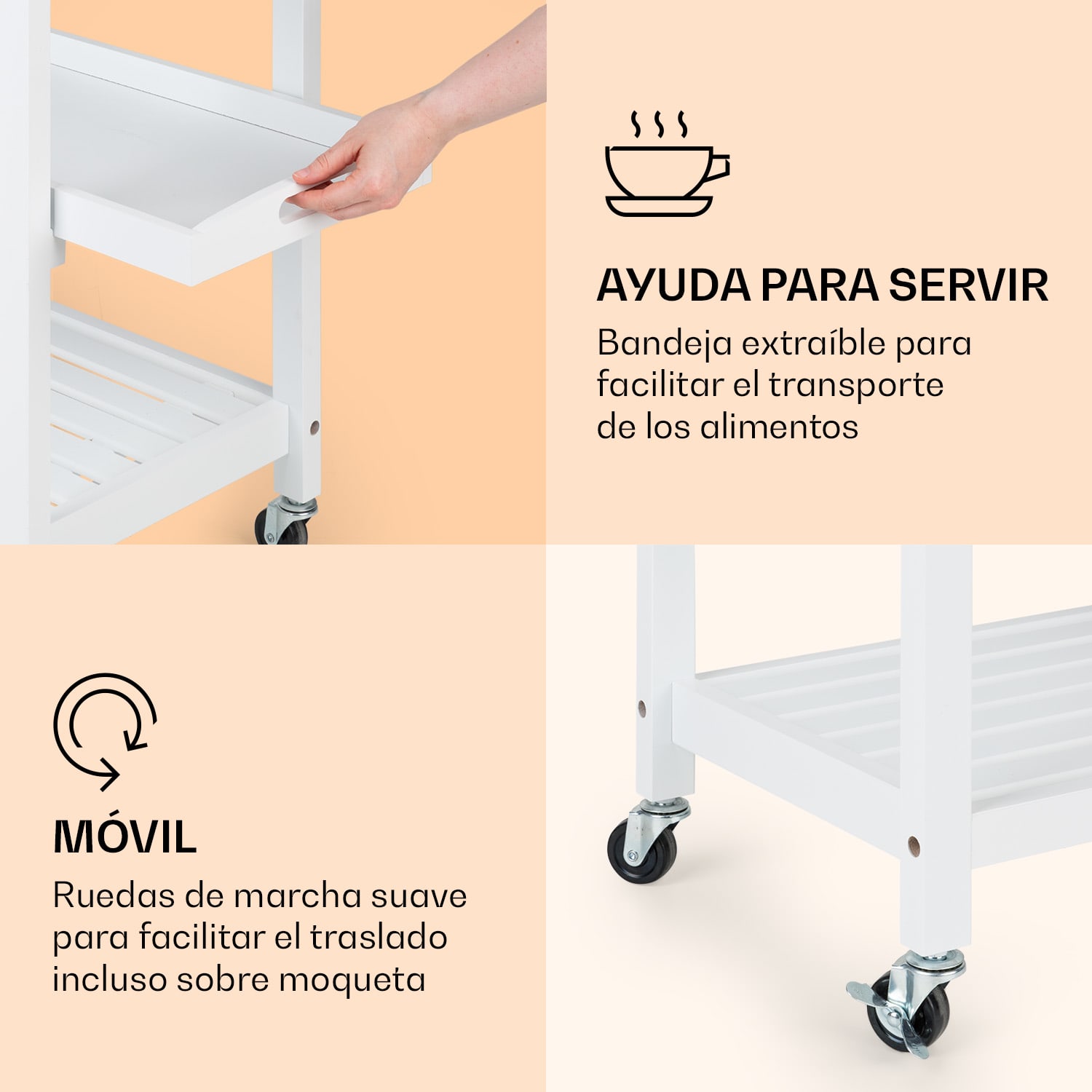 Vermont Carro de servicio Carro de cocina 5 estantes Madera Acero inoxidable Móvil Blanco