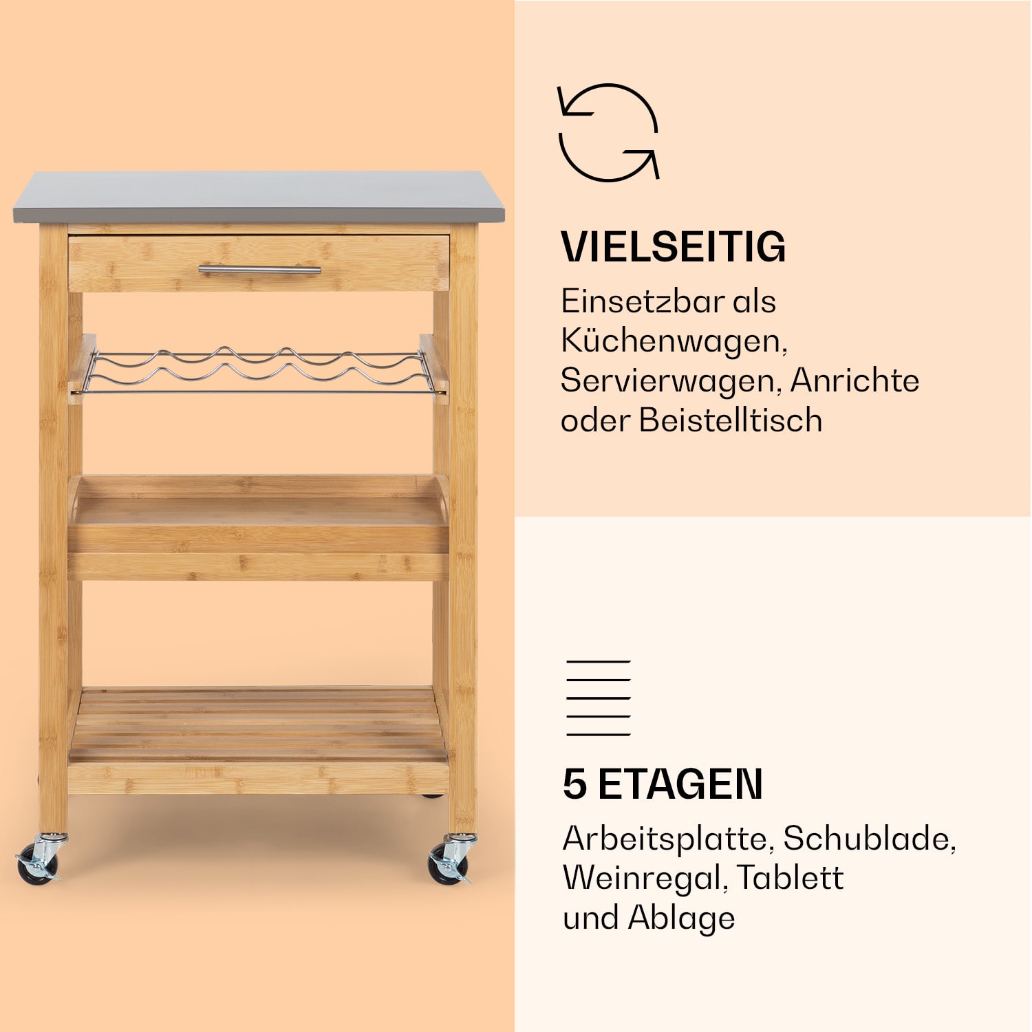 Vermont Servierwagen Küchenwagen 5 Etagen Holz Edelstahl mobil Buche