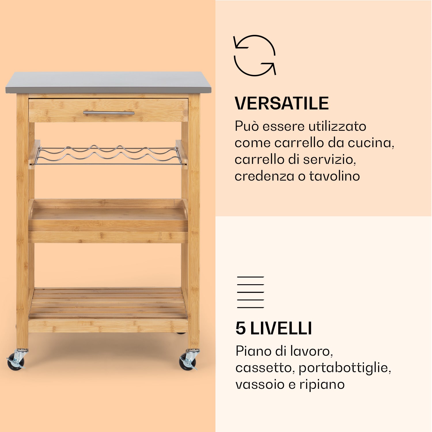 Vermont - Carrello di servizio, carrello da cucina, 5 ripiani, legno, acciaio inox, mobile Faggio