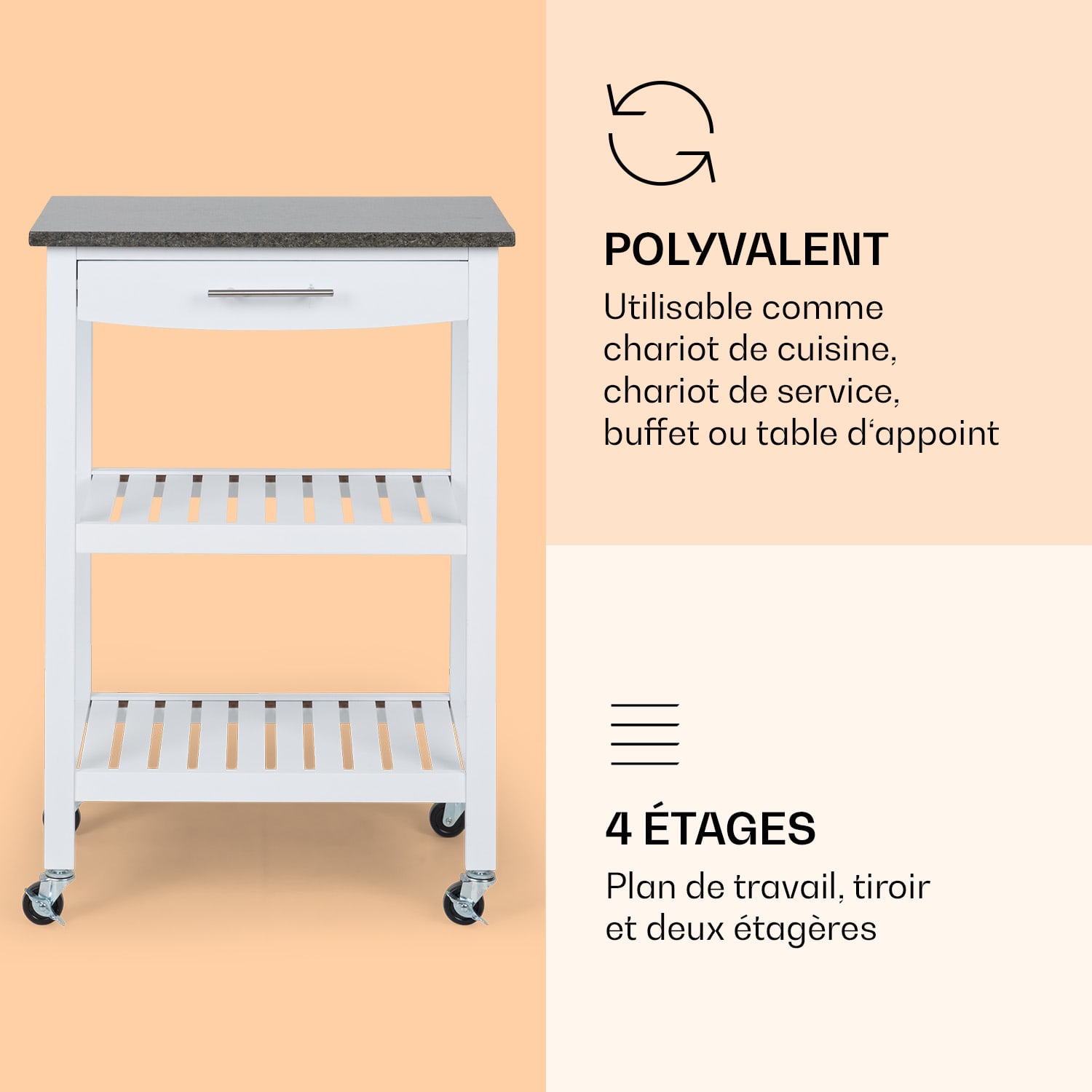 Tennessee Chariot de service Chariot de cuisine 4 étages bois granit mobile Blanc