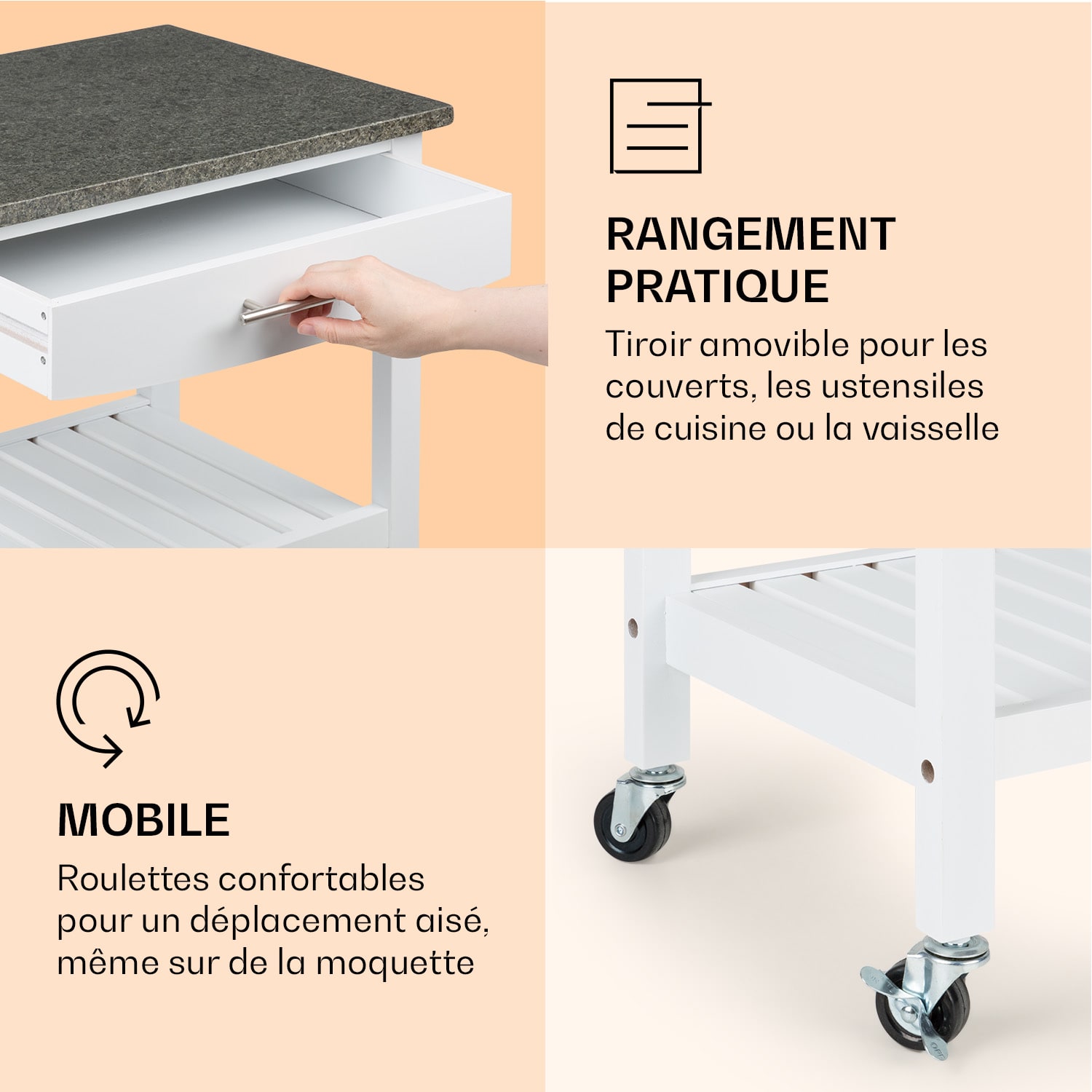 Tennessee Chariot de service Chariot de cuisine 4 étages bois granit mobile Blanc