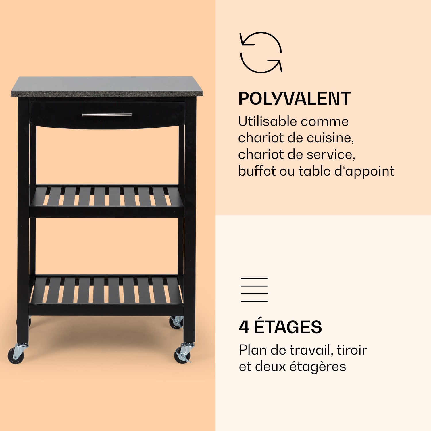 Tennessee Chariot de service Chariot de cuisine 4 étages bois granit mobile Noir