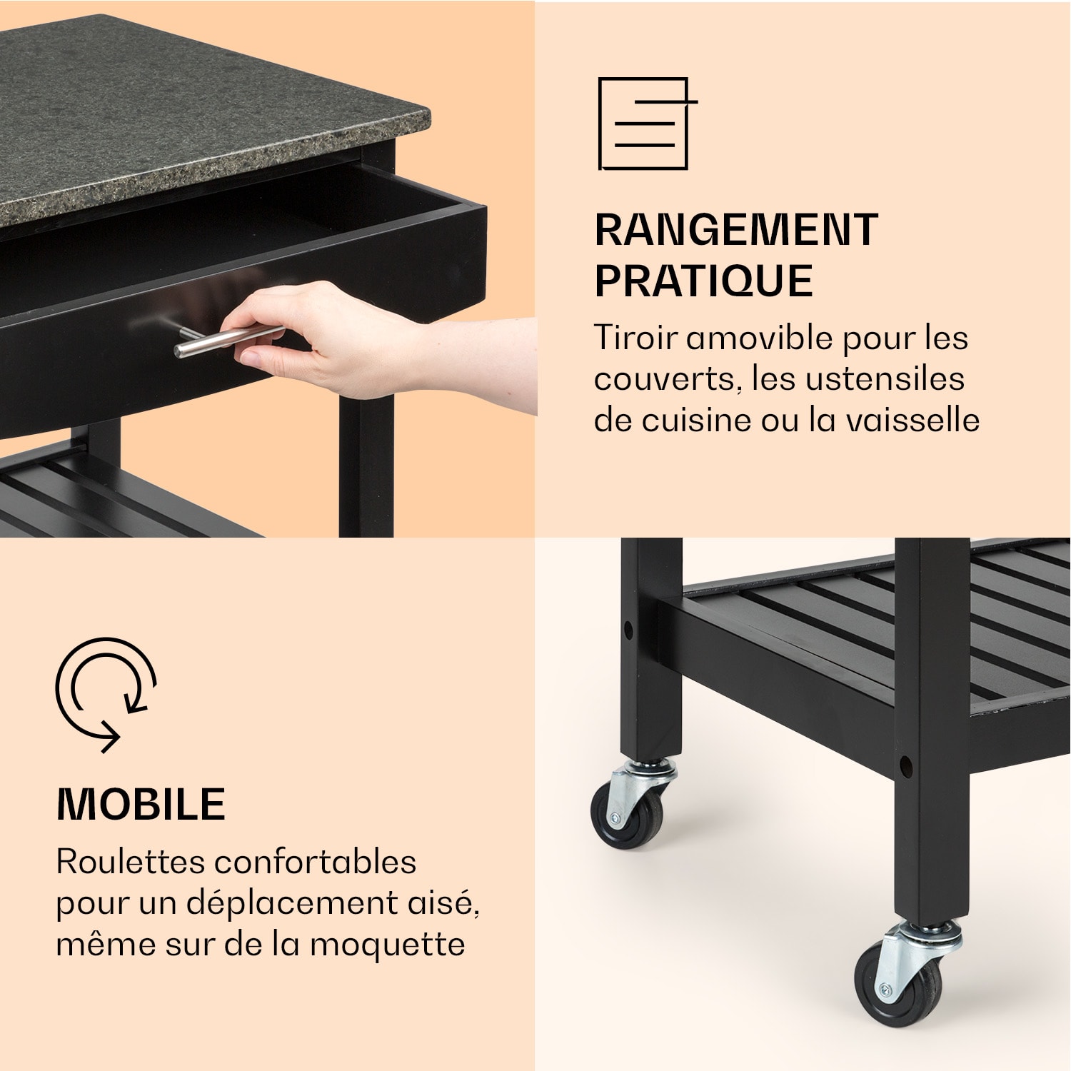 Tennessee Chariot de service Chariot de cuisine 4 étages bois granit mobile Noir