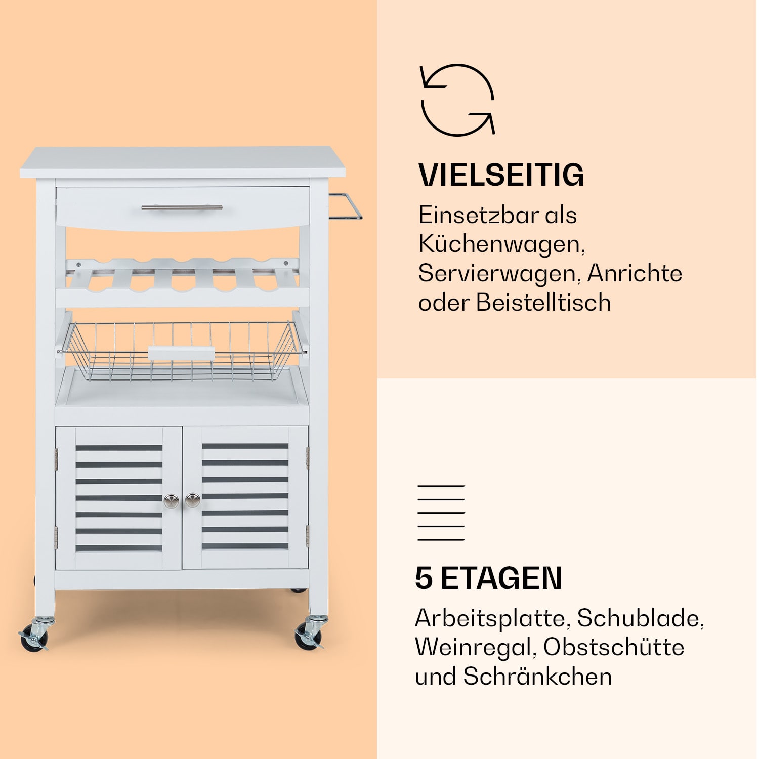 Louisiana Chariot de service Chariot de cuisine 5 plateaux Bois Porte-serviettes mobile Blanc