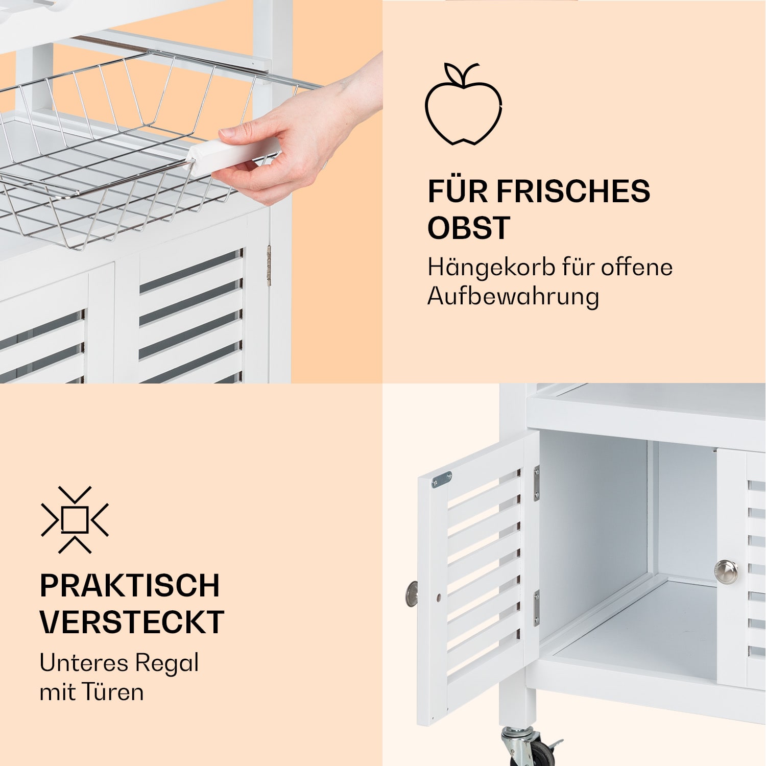 Louisiana Chariot de service Chariot de cuisine 5 plateaux Bois Porte-serviettes mobile Blanc