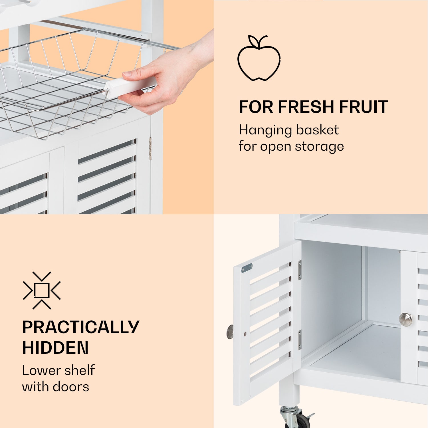 Louisiana, tálalókocsi, konyhai kocsi, 5 szintes, fából készült szalvétatartó, mobil Fehér