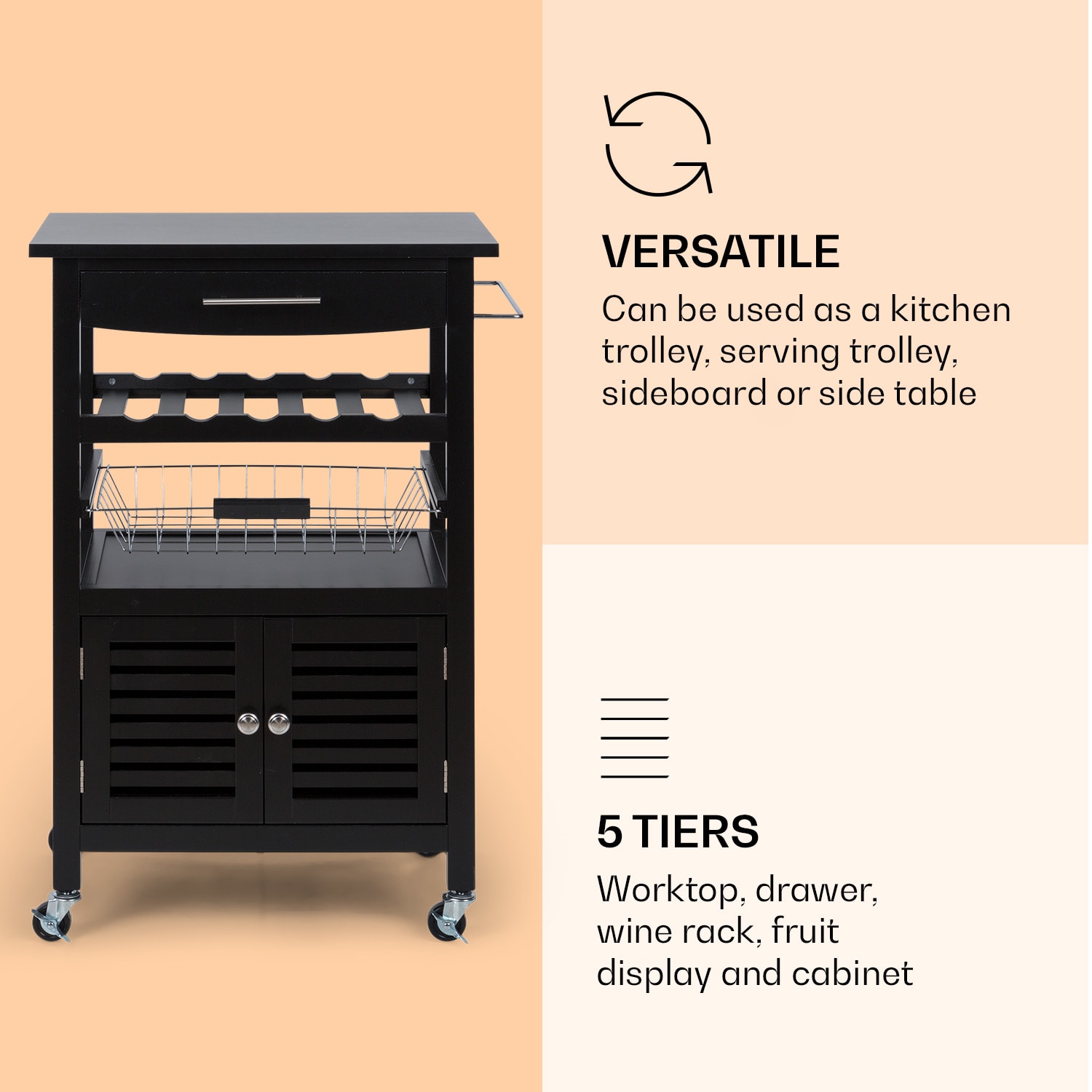 Louisiana, servírovací vozík, kuchynský vozík, 5 poschodí, drevený držiak na utierky, mobilný Čierna