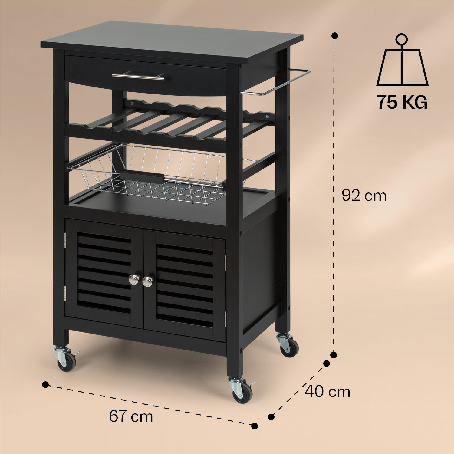 Louisiana, servírovací vozík, kuchynský vozík, 5 poschodí, drevený držiak na utierky, mobilný Čierna