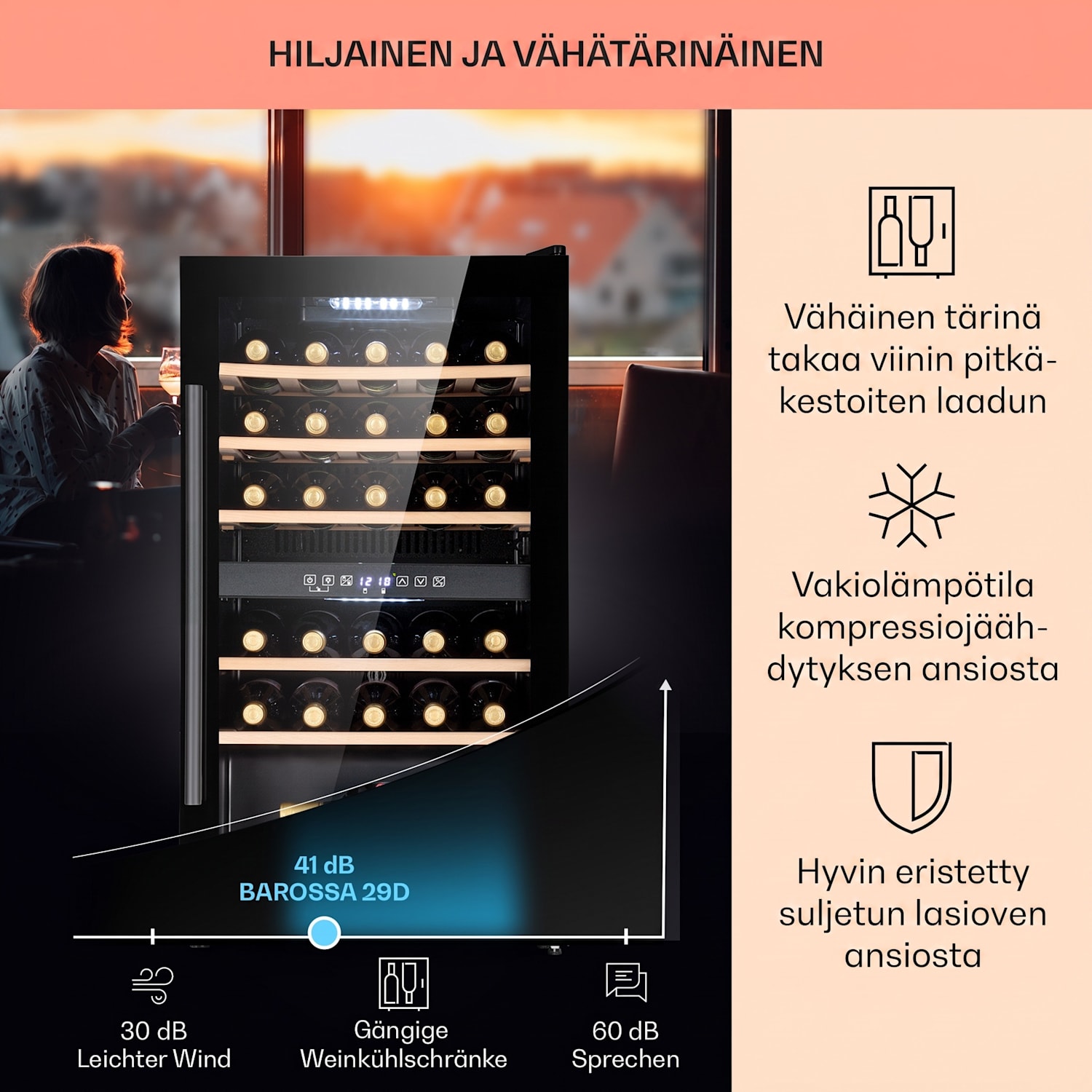 Barossa 29 Duo -viinikaappi 29 pullolle 80 litraa 2 aluetta painonäppäinohjaus 2 jäähdytysalue | 29 pulloa
