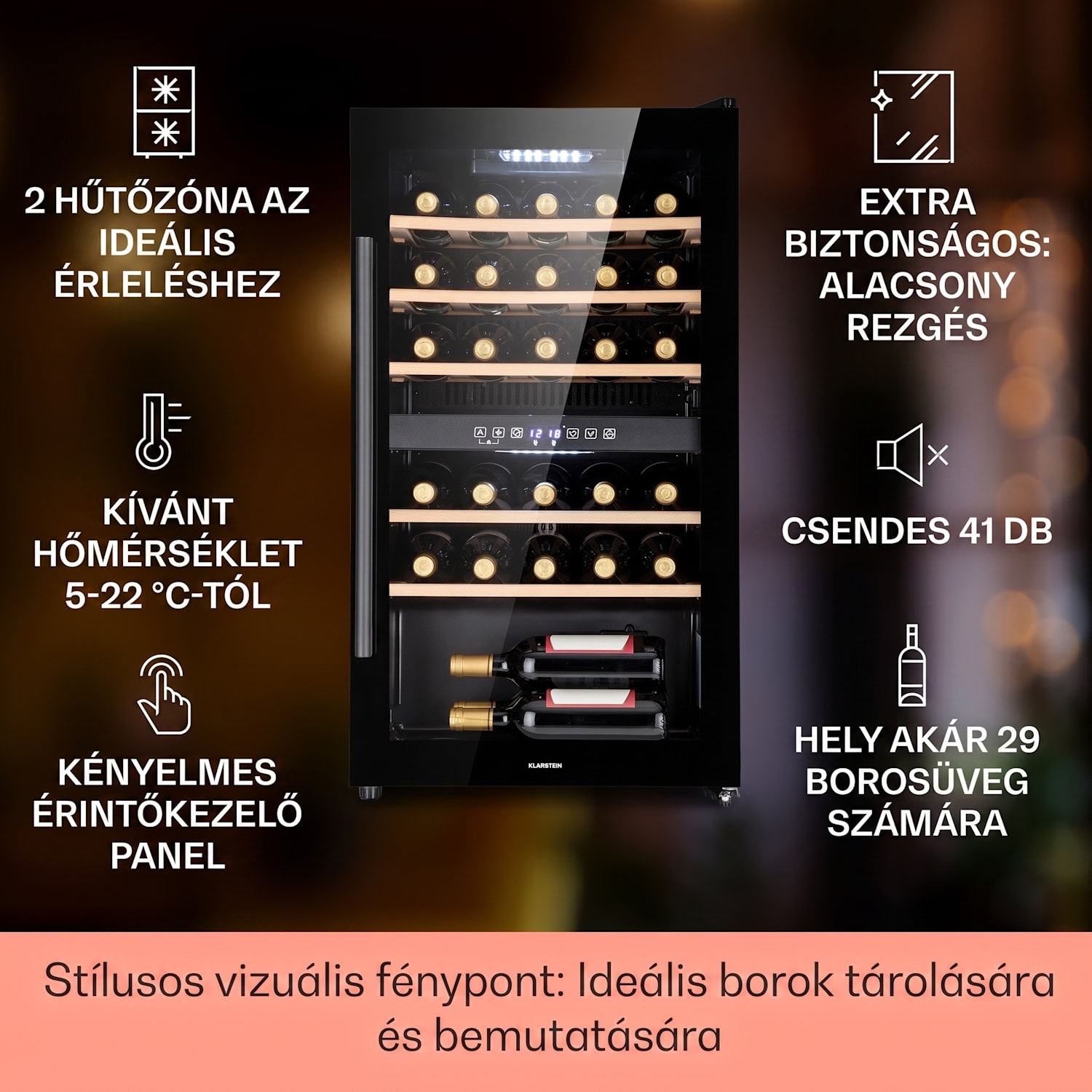 Barossa 29 Duo, borhűtő, 80 liter, 29 palack, 2 zóna, gombos vezérlés 2 hűtőzóna | 29_bottles
