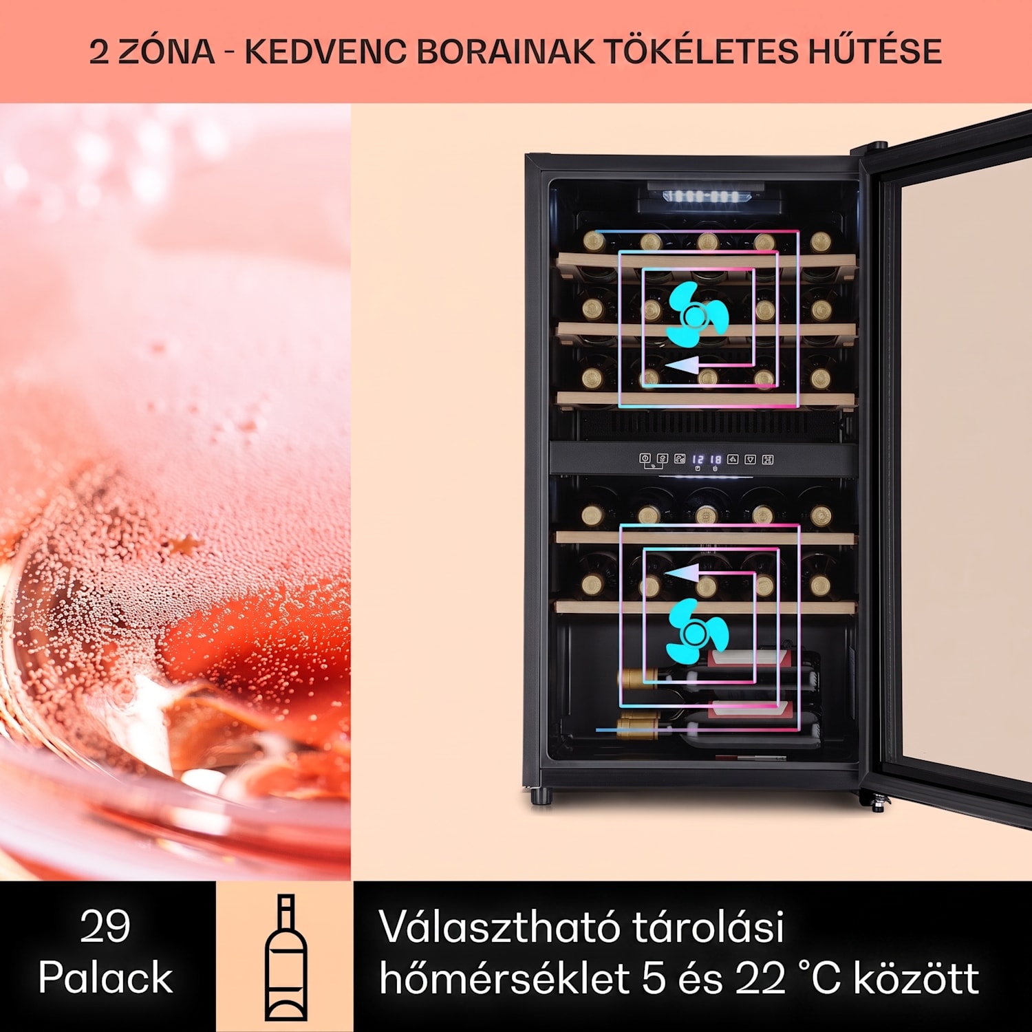 Barossa 29 Duo, borhűtő, 80 liter, 29 palack, 2 zóna, gombos vezérlés 2 hűtőzóna | 29_bottles