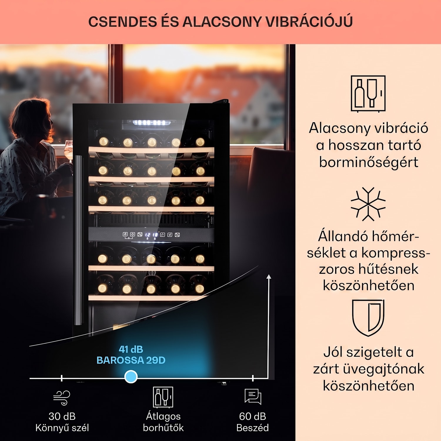 Barossa 29 Duo, borhűtő, 80 liter, 29 palack, 2 zóna, gombos vezérlés 2 hűtőzóna | 29_bottles
