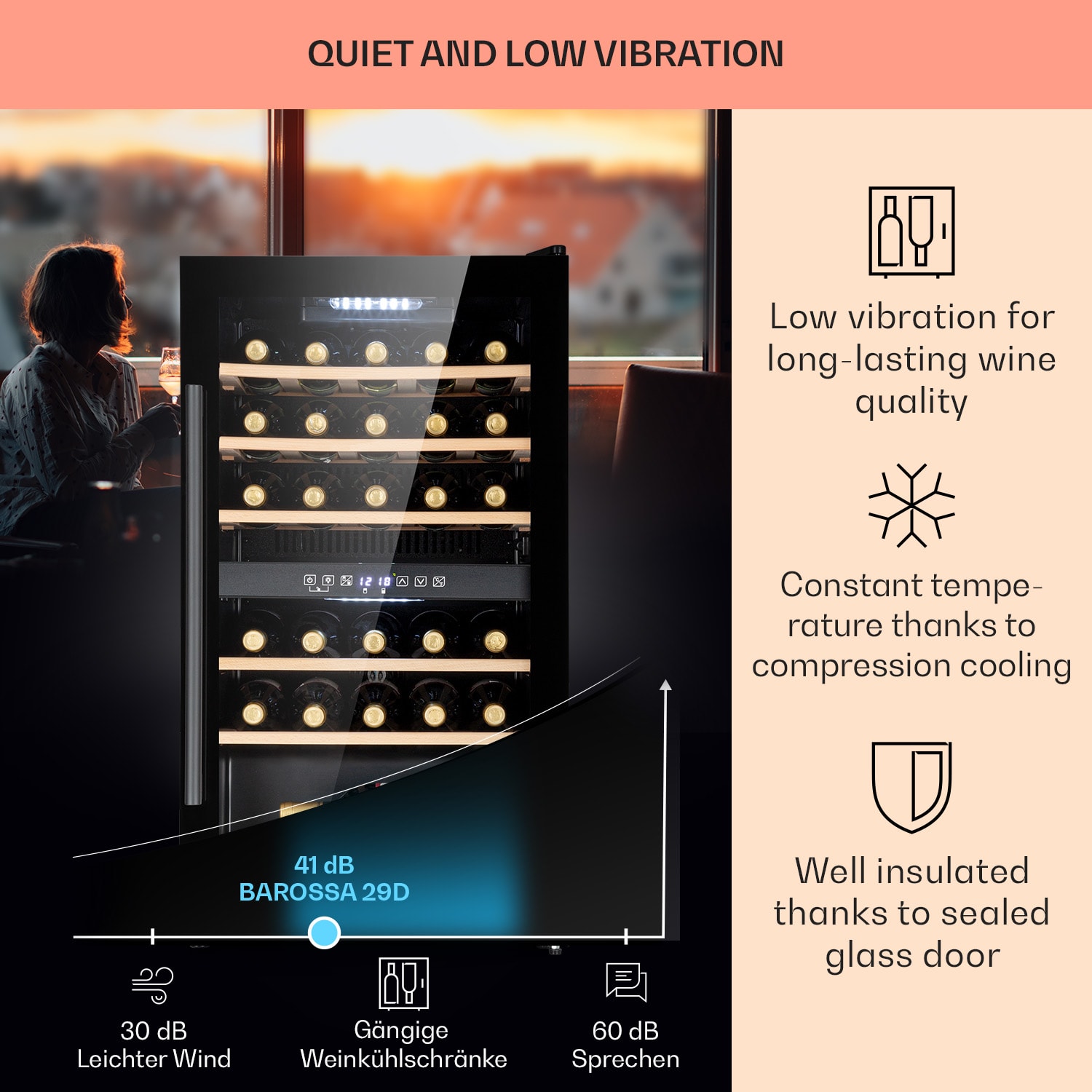 Barossa 29 Duo, chłodziarka do wina, 29 butelek, 80 l, 2 strefy, sterowanie przyciskami 2 strefy chłodzenia | 29 butelki