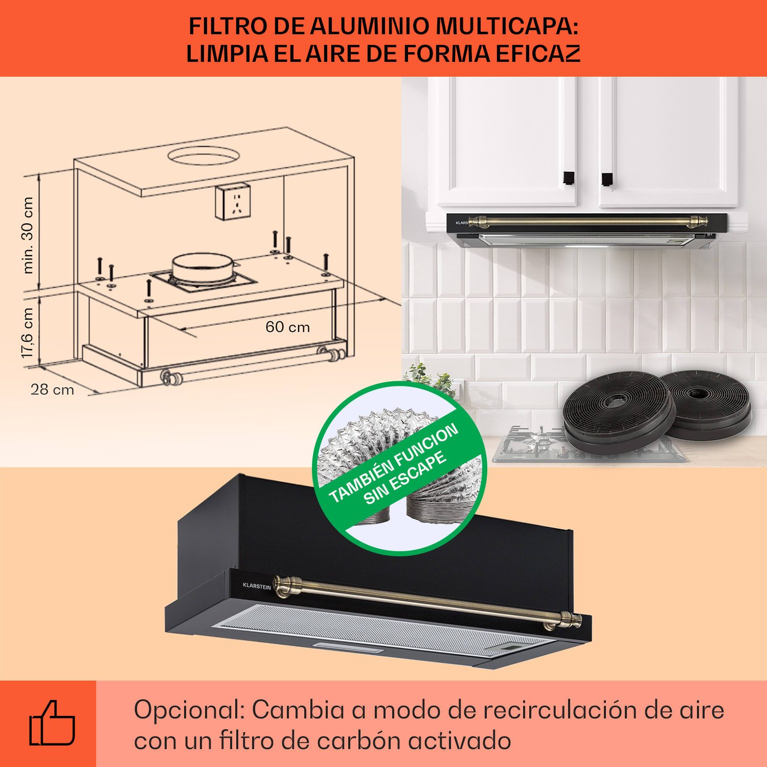 Cubierta de pantalla plana Vilhelmine 60 Retro EEK B Rendimiento del aire de escape: 332 m³/h extensible  