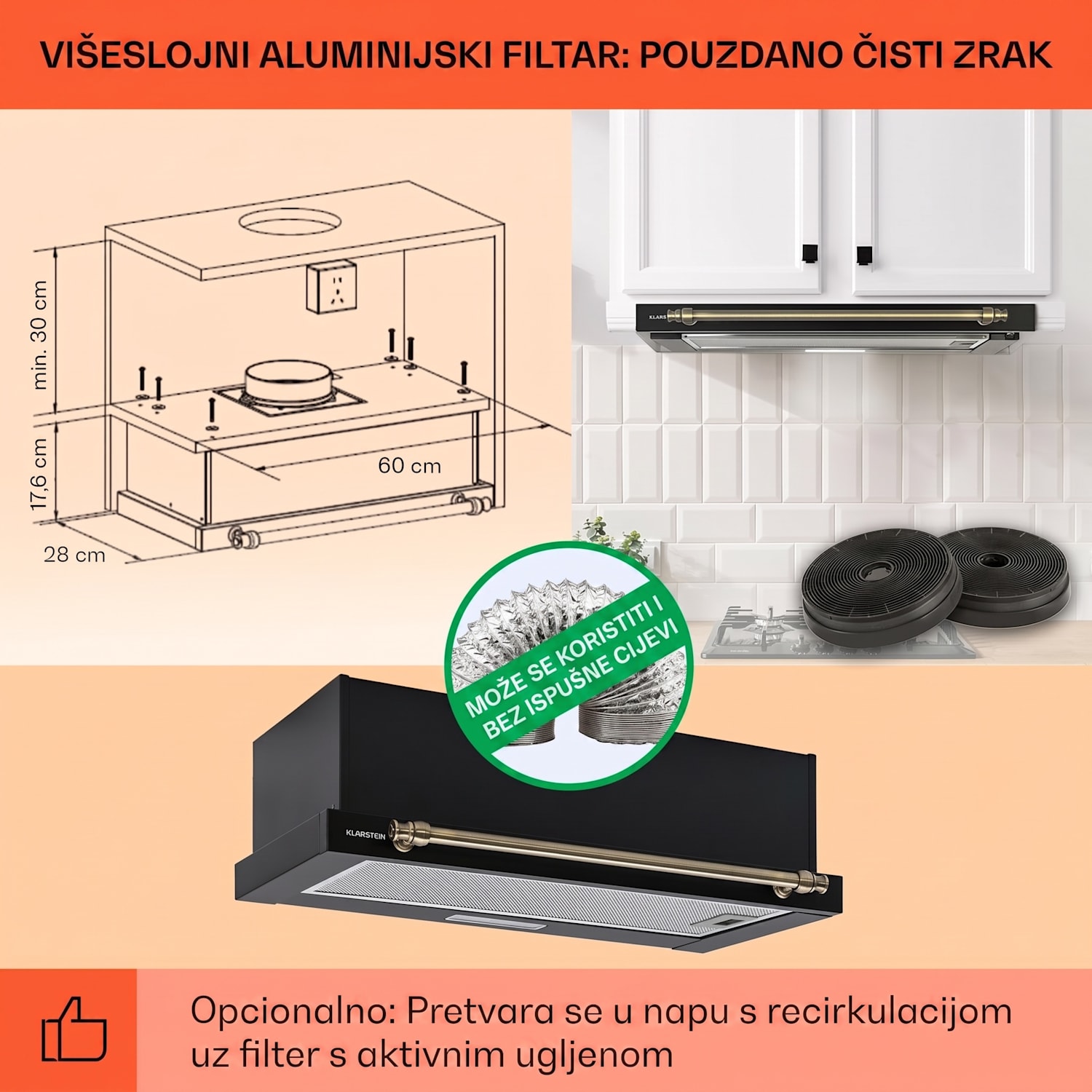 Vilhelmine 60 Retro, napa s ravnim zaslonom, EEK B, ekstrakcija zraka: 320 m³/h s mogućnošću proširenja 