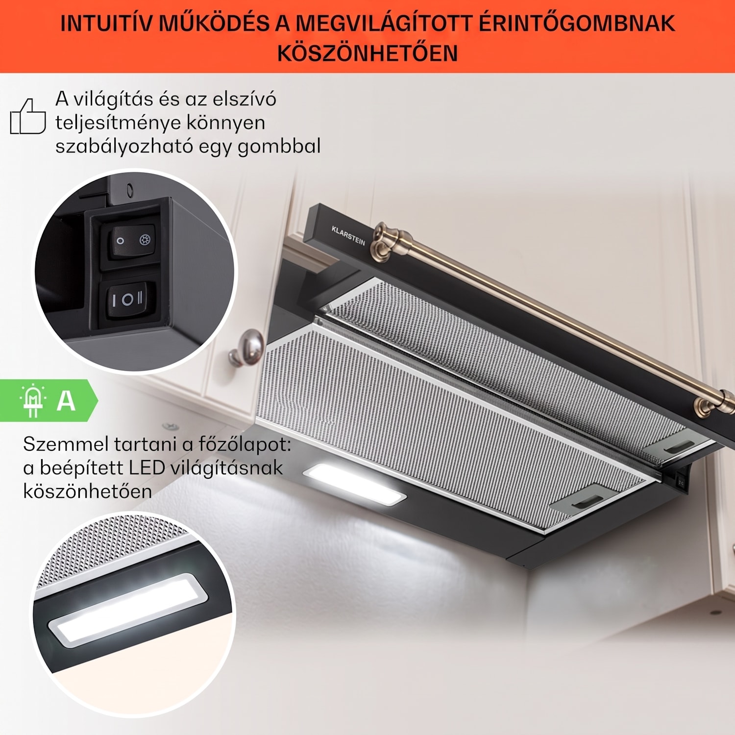 Vilhelmine 60 Retro, laposképernyős páraelszívó, B energiahatékonysági osztály, fúvott levegő áramlás: 332 m³/ó bővítési lehetőséggel 