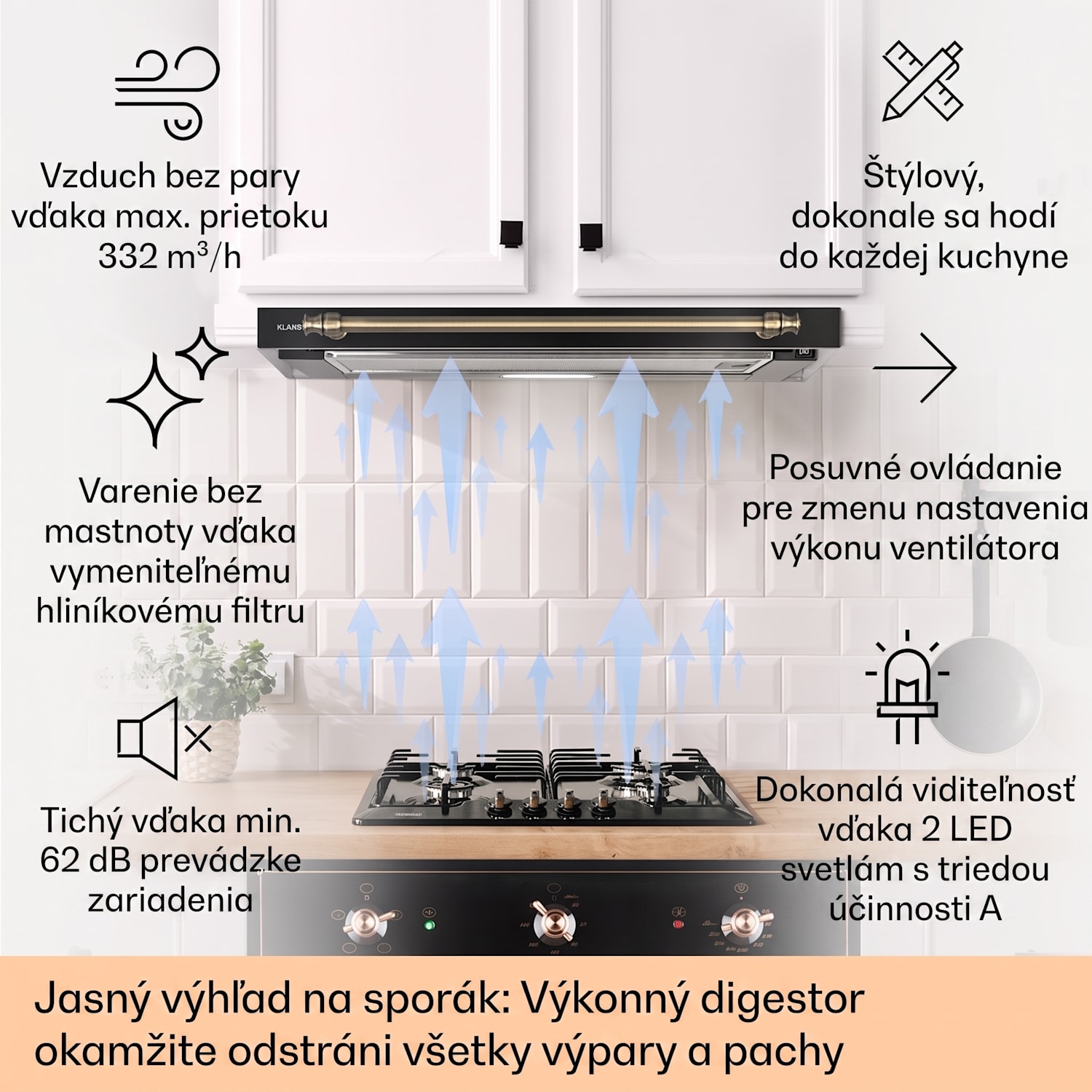 Vilhelmine 60 Retro, digestor, 60 cm, vstavaný, 320 m³/h, B, LED, čierny 