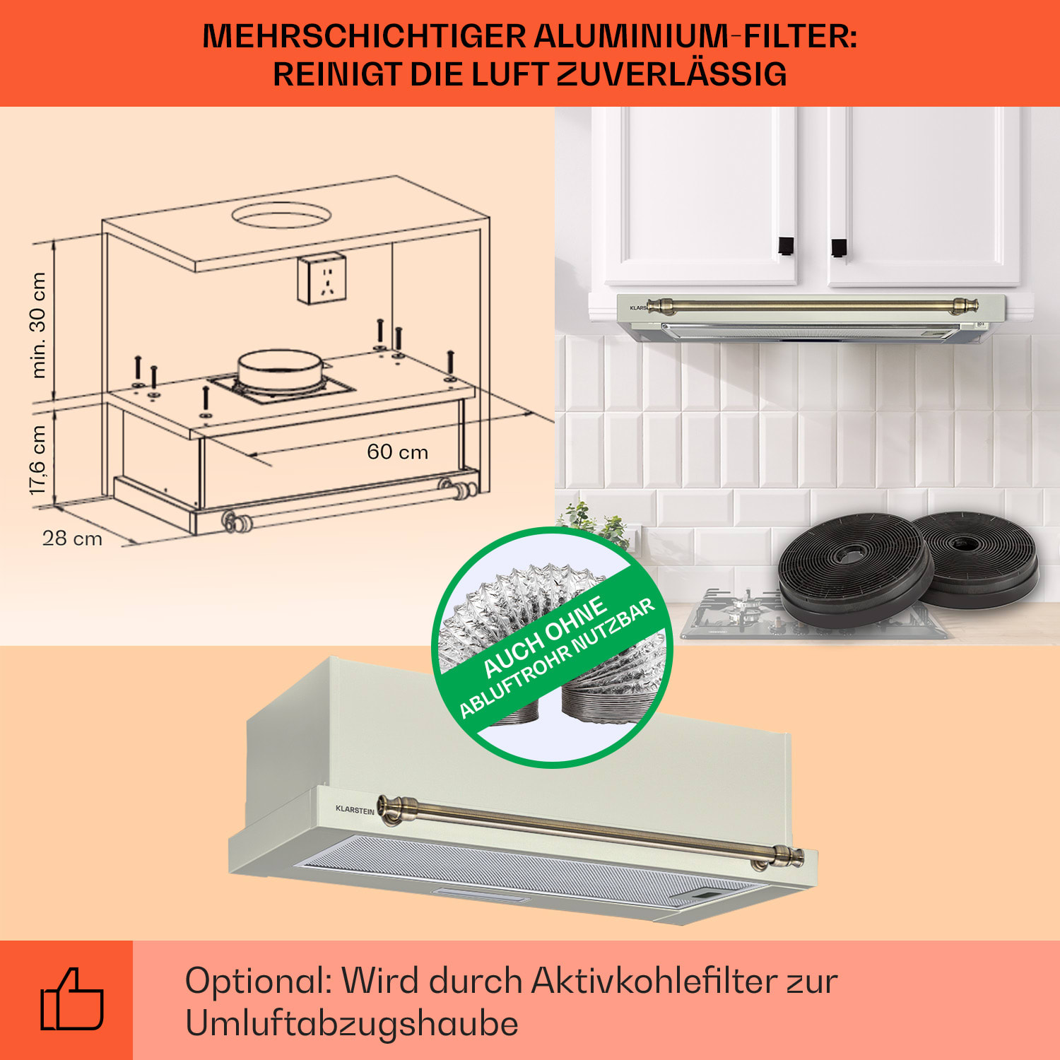 Victoria Flachschirmhaube 60 Retro EEK B Abluftleistung: 332 m³/h ausziehbar 