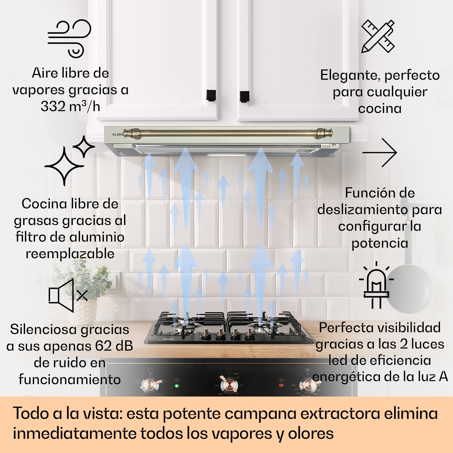 Cubierta de pantalla plana Vilhelmine 60 Retro EEK B Rendimiento del aire de escape: 332 m³/h extensible  