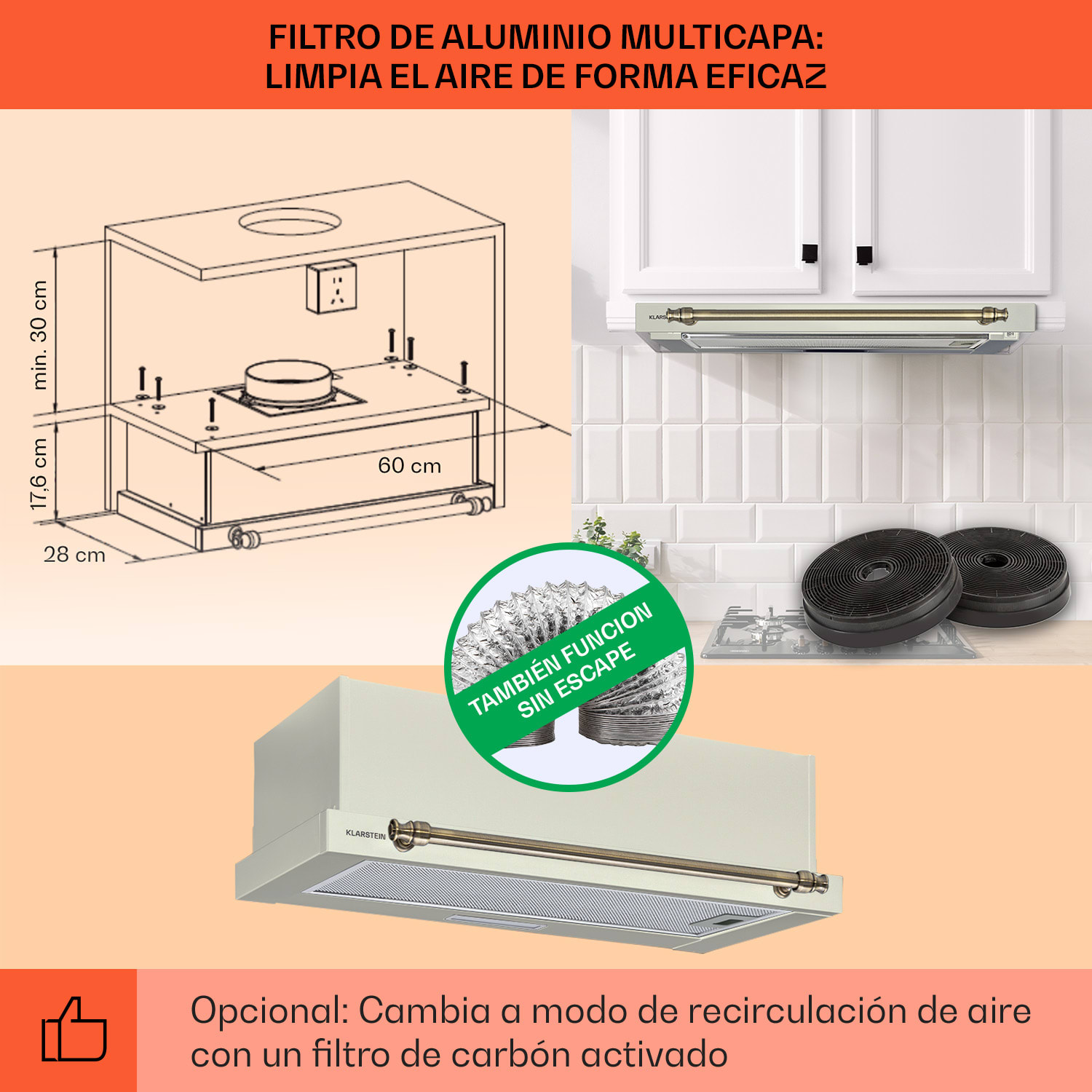 Cubierta de pantalla plana Vilhelmine 60 Retro EEK B Rendimiento del aire de escape: 332 m³/h extensible  