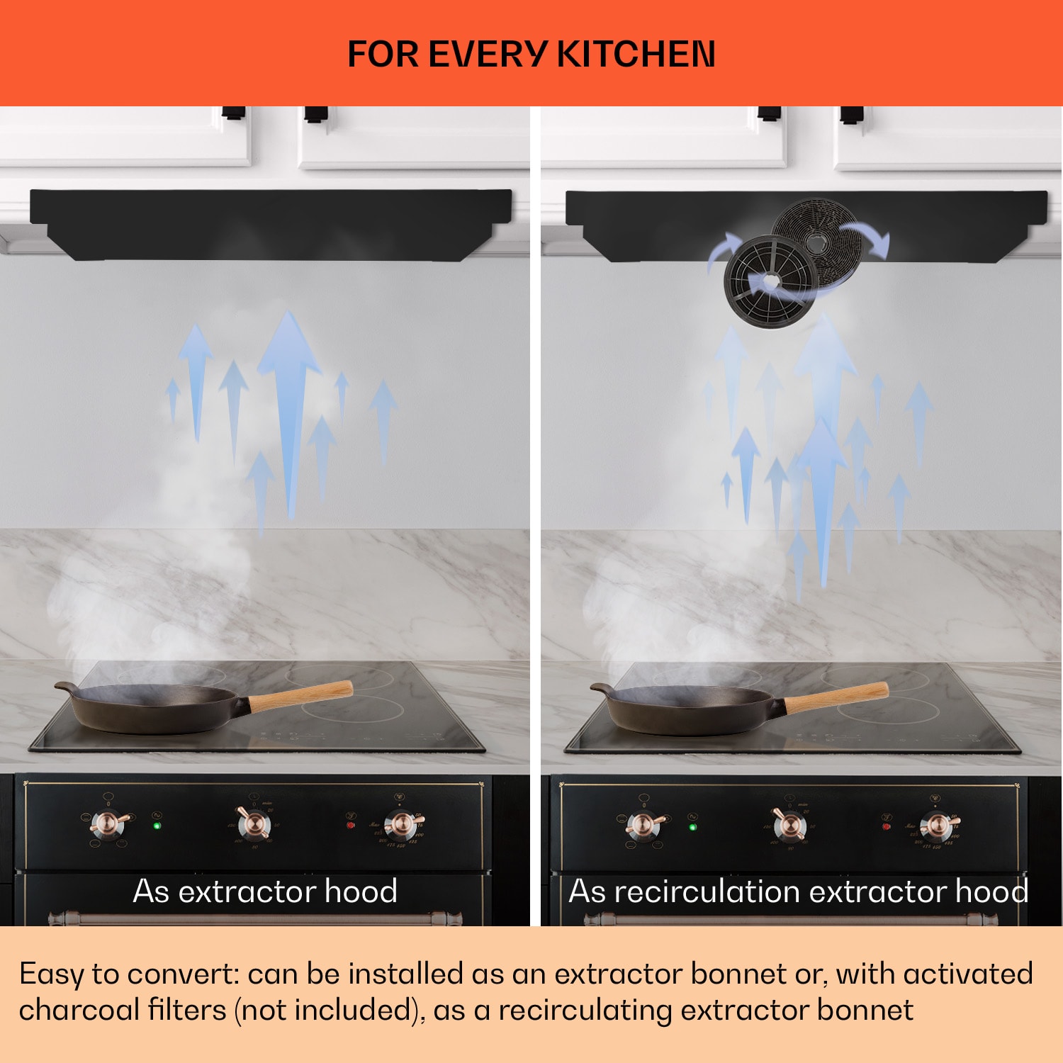 Vilhelmine 60 Retro, laposképernyős páraelszívó, B energiahatékonysági osztály, fúvott levegő áramlás: 332 m³/ó bővítési lehetőséggel 