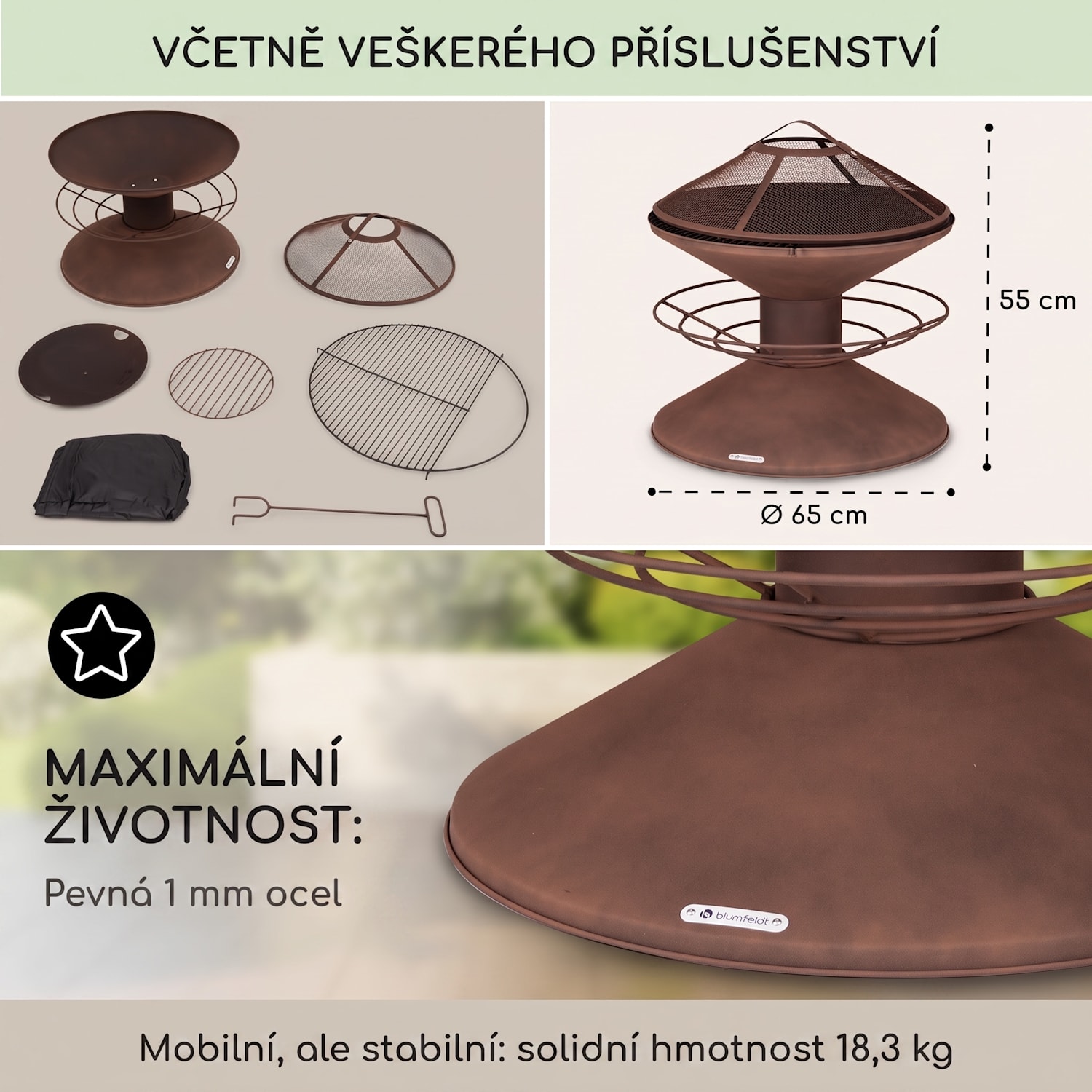 Aguilera, ohniště s grilem, Ø 65 cm, úložný prostor na dřevo, ocel Rez
