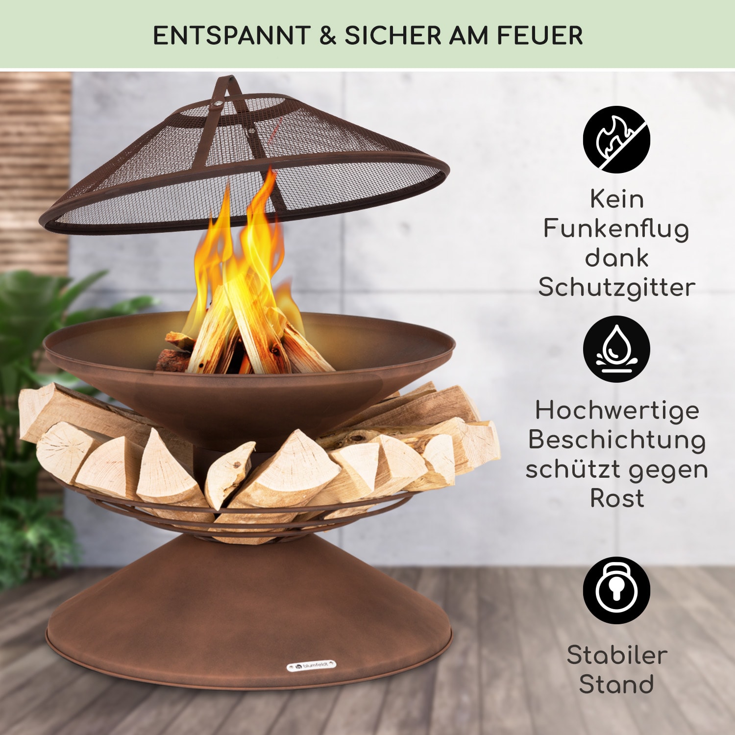 Aguilera Feuerschale mit Grill Ø 65 cm Holzlager Stahl  Rost