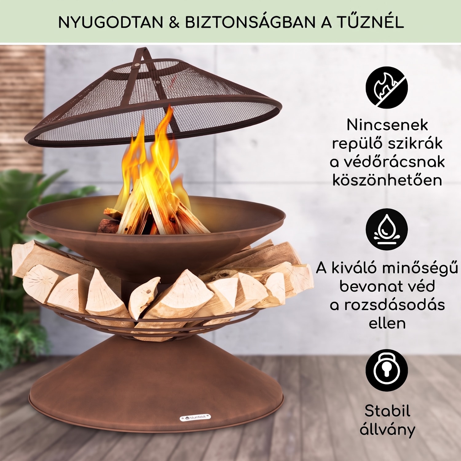 Aguilera, tűzrakóhely grillel, Ø 65 cm, fatároló, acél Rozsda