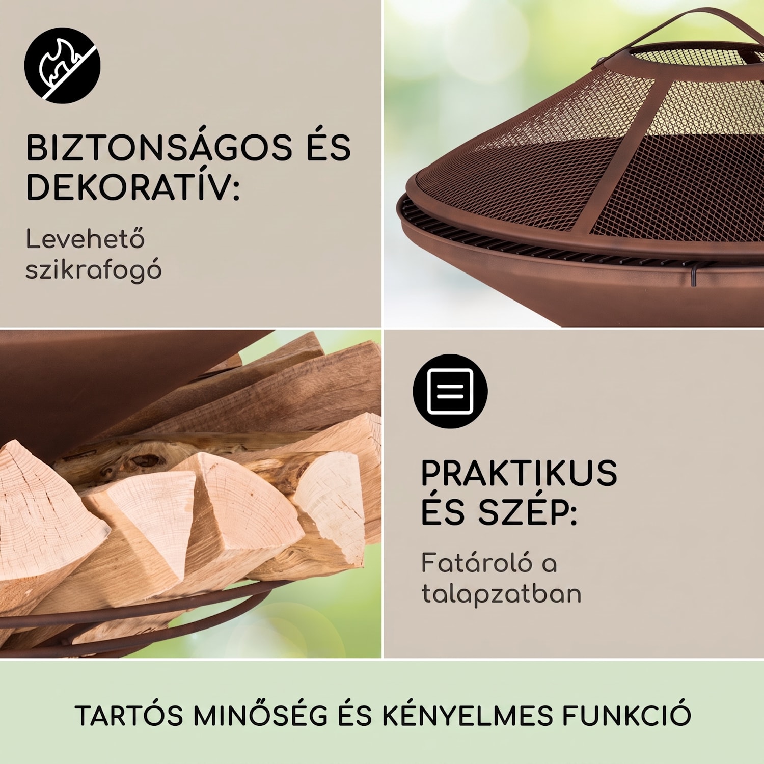Aguilera, tűzrakóhely grillel, Ø 65 cm, fatároló, acél Rozsda