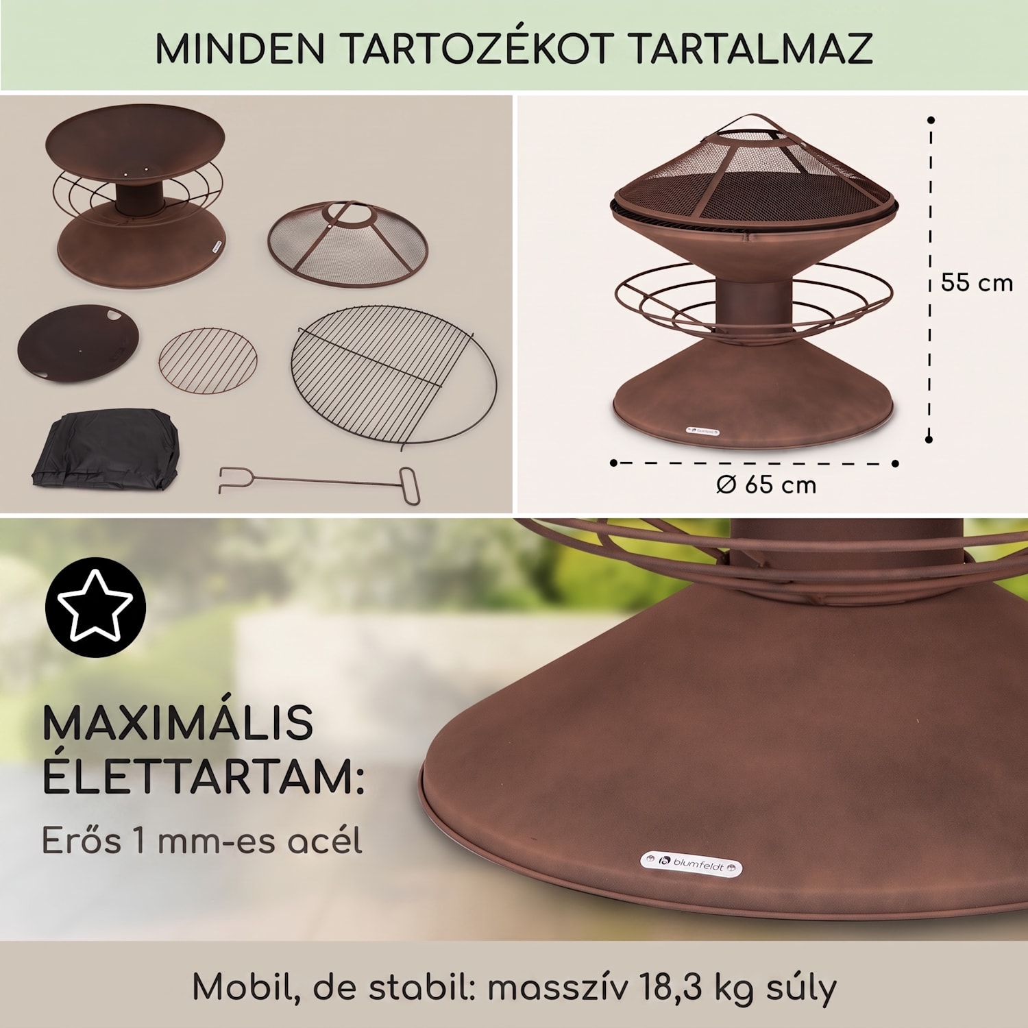 Aguilera, tűzrakóhely grillel, Ø 65 cm, fatároló, acél Rozsda