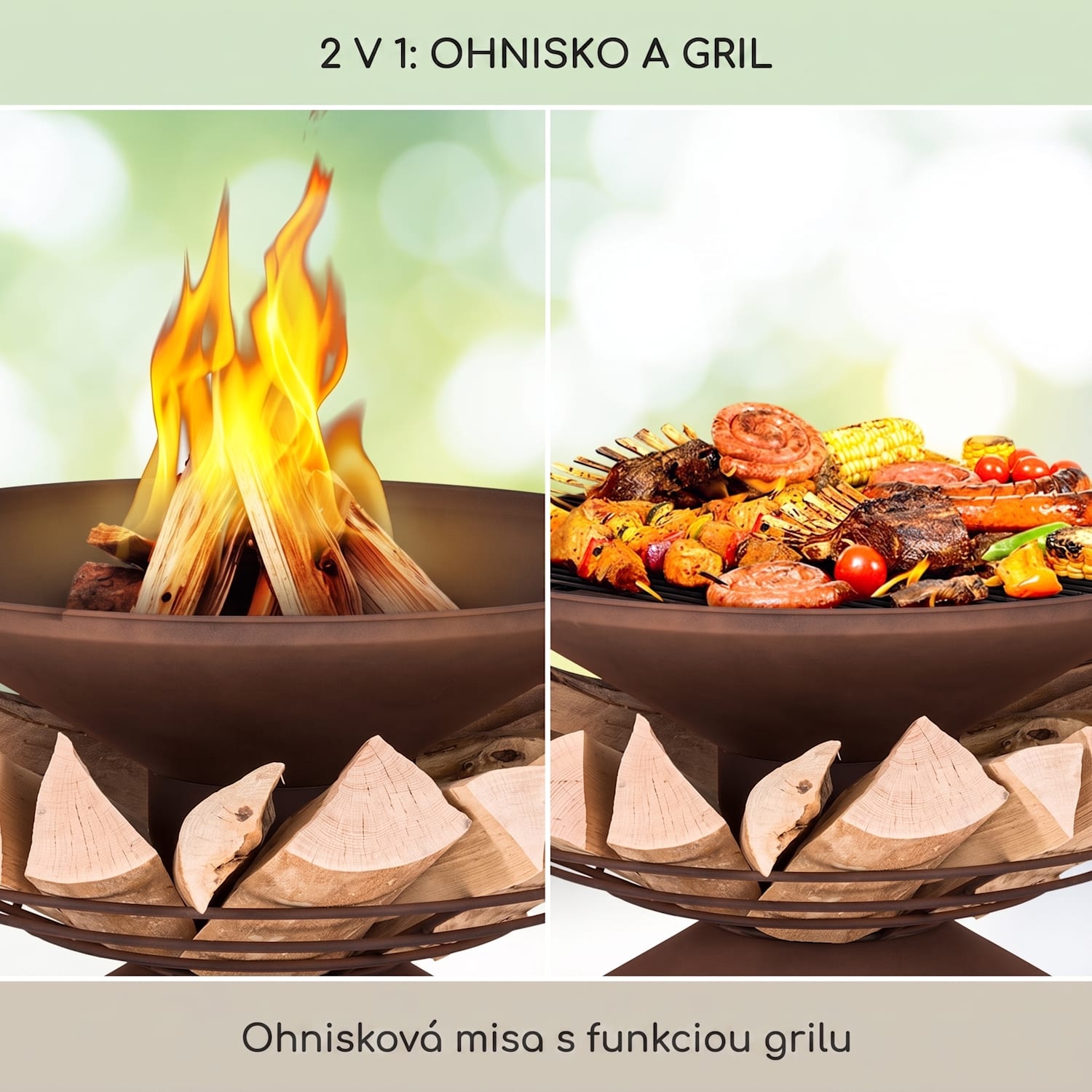Aguilera, ohnisko s grilom, Ø 65 cm, úložný priestor na drevo, oceľ Hrdza