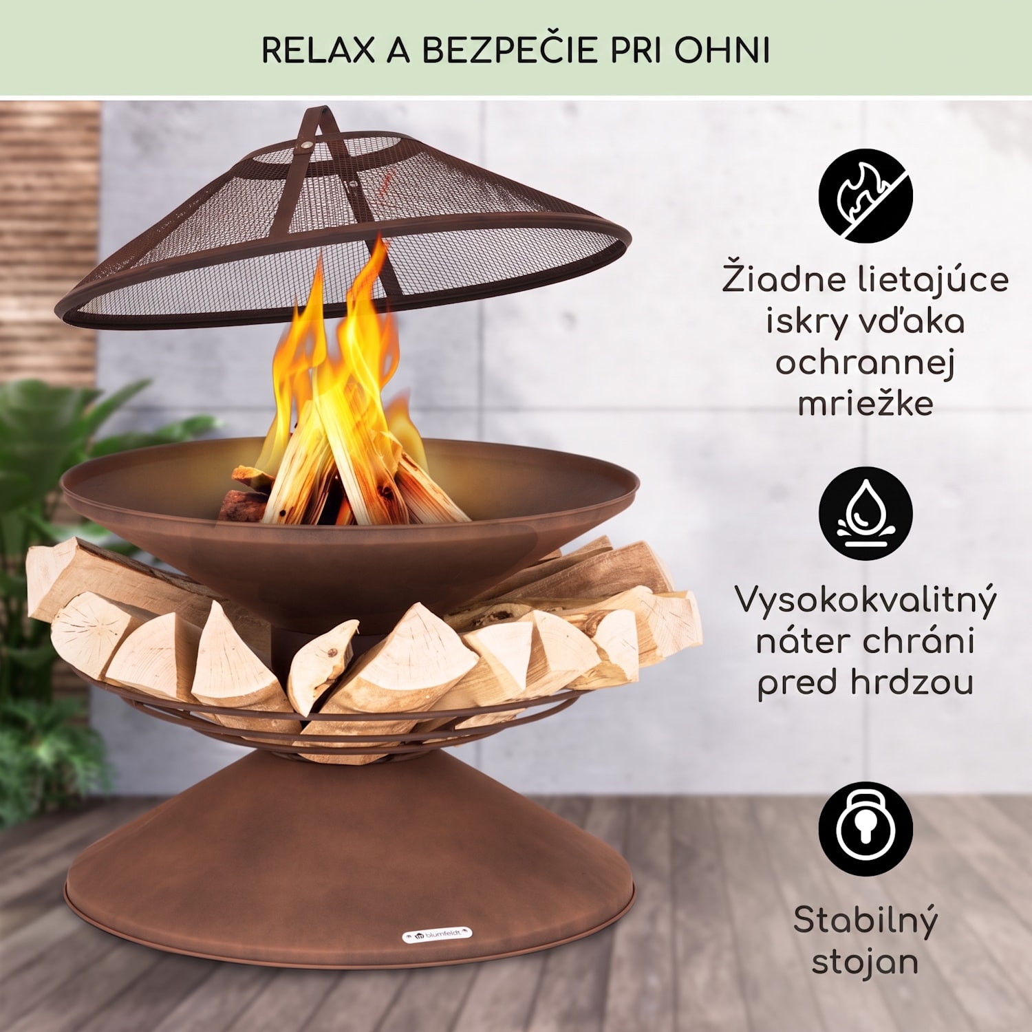 Aguilera, ohnisko s grilom, Ø 65 cm, úložný priestor na drevo, oceľ Hrdza