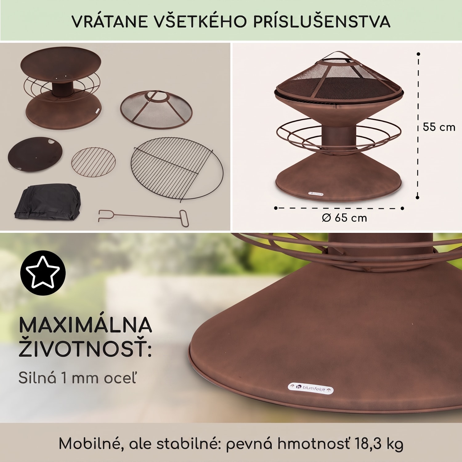 Aguilera, ohnisko s grilom, Ø 65 cm, úložný priestor na drevo, oceľ Hrdza