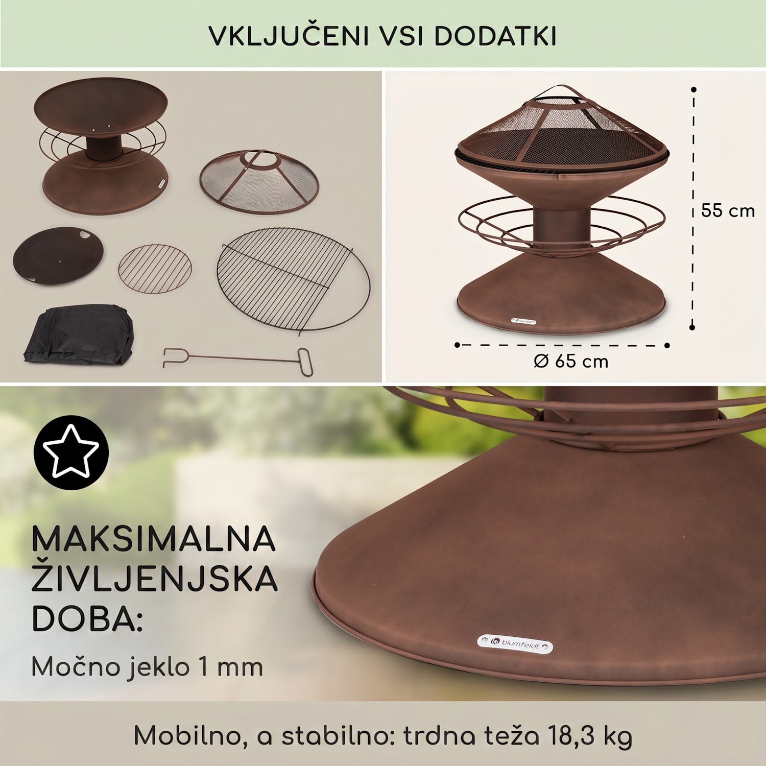 Aguilera, ognjišče z žarom, Ø 65 cm, predal za les, jeklo Rjasta