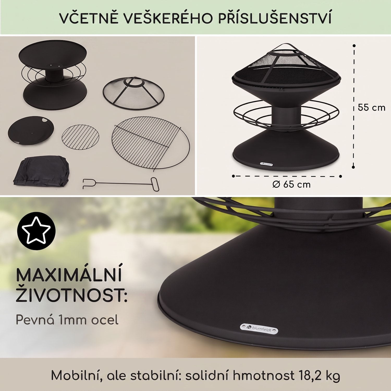 Aguilera, ohniště s grilem, Ø 65 cm, úložný prostor na dřevo, ocel 