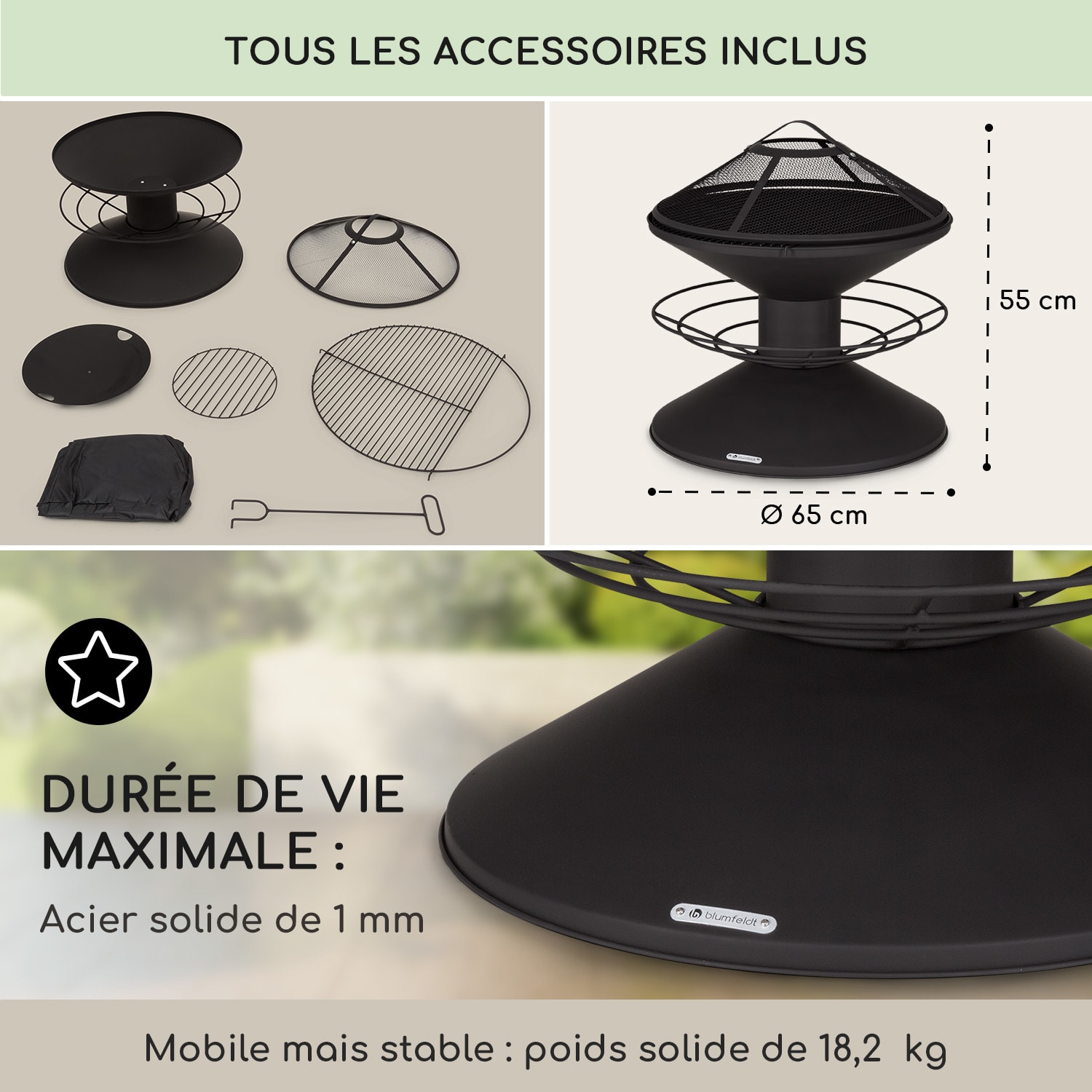 Aguilera vuurschaal met grill Ø 65 cm houtopslag staal  Zwart