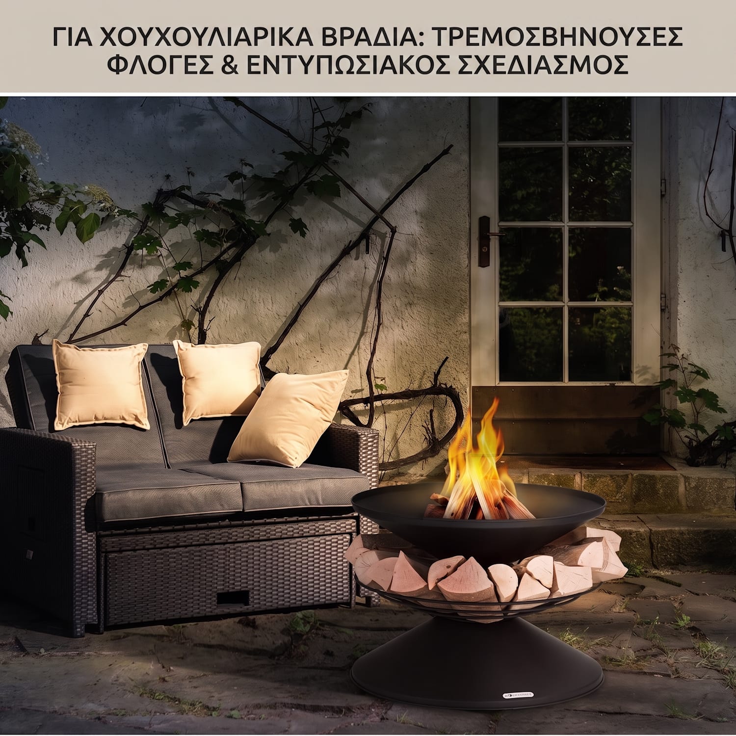 Aguilera 65cm Χαμηλή Πυροθήκη με Γκριλ Μαύρο Μαύρο