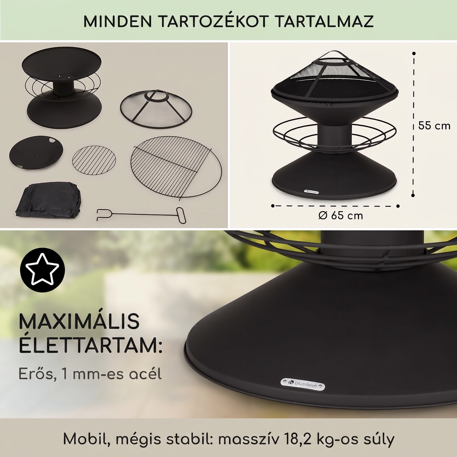 Aguilera, tűzrakóhely grillel, Ø 65 cm, fatároló, acél 