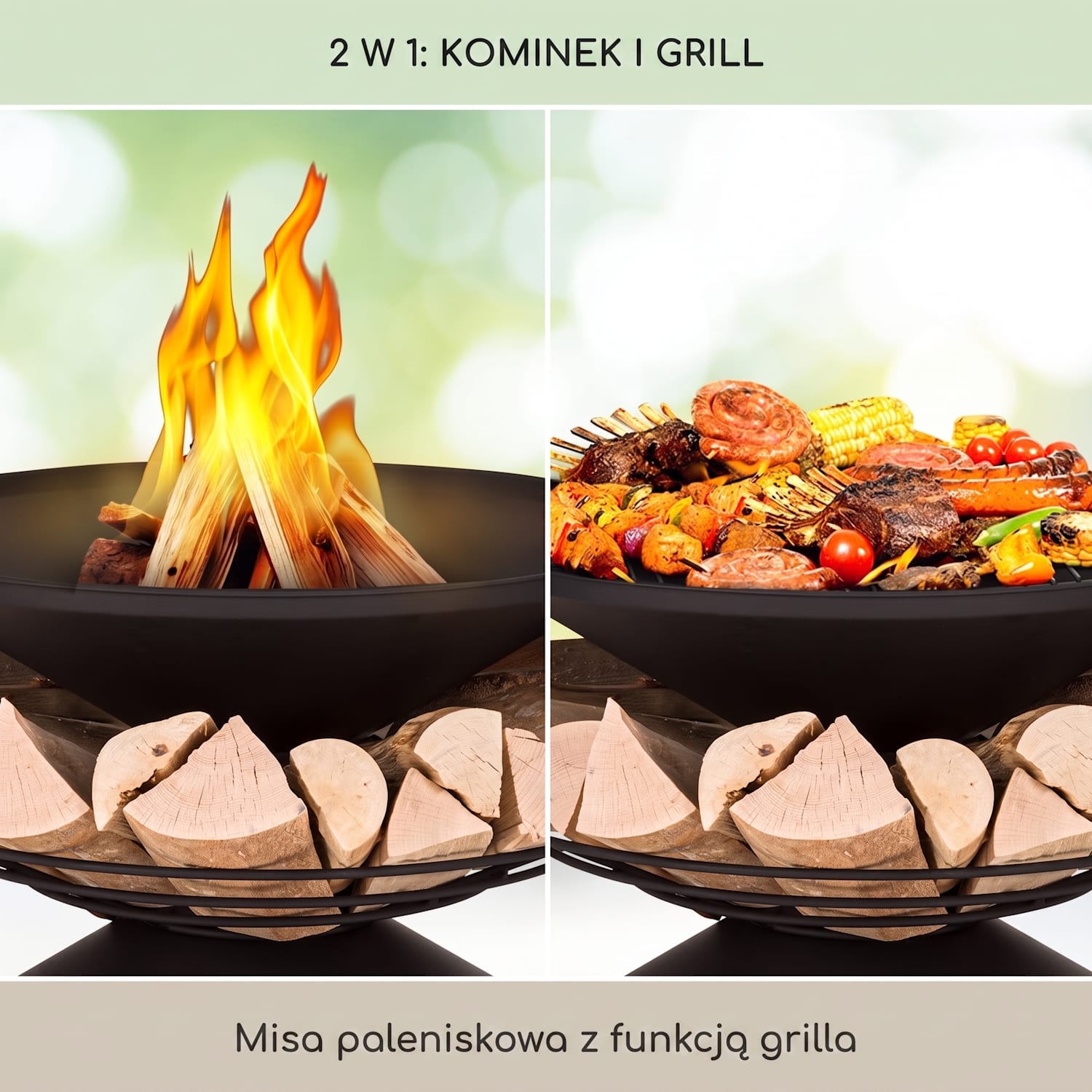 Aguilera, palenisko ogrodowe z grillem, Ø 65 cm, schowek na drewno, stal Czarny