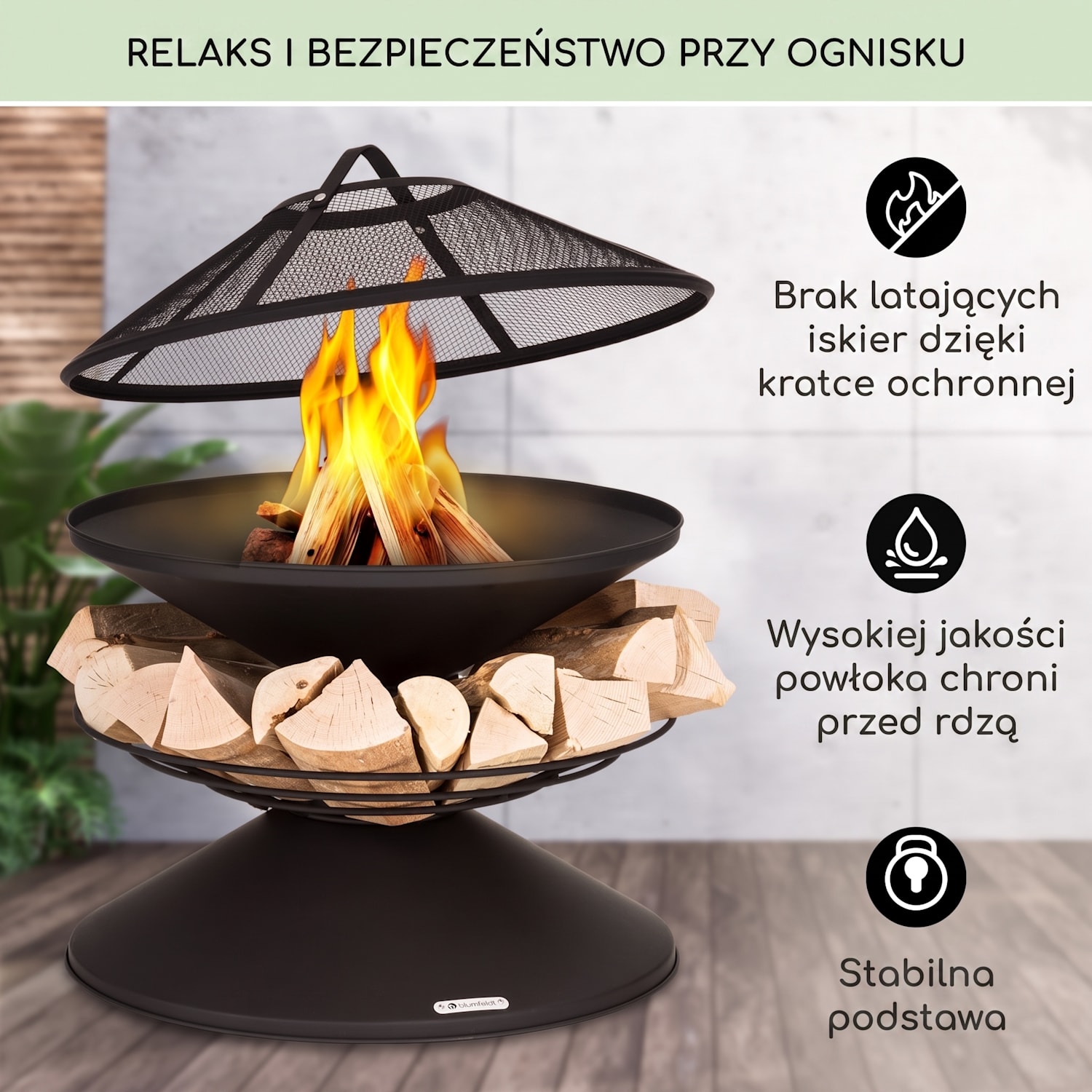 Aguilera, palenisko ogrodowe z grillem, Ø 65 cm, schowek na drewno, stal Czarny