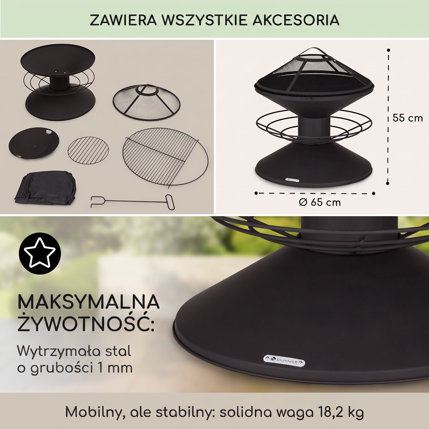 Aguilera, palenisko ogrodowe z grillem, Ø 65 cm, schowek na drewno, stal Czarny