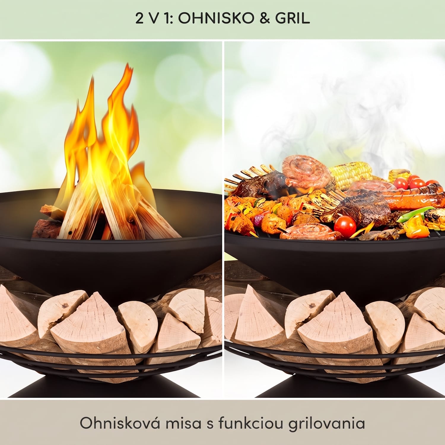 Aguilera, ohnisko s grilom, Ø 65 cm, úložný priestor na drevo, oceľ Čierna