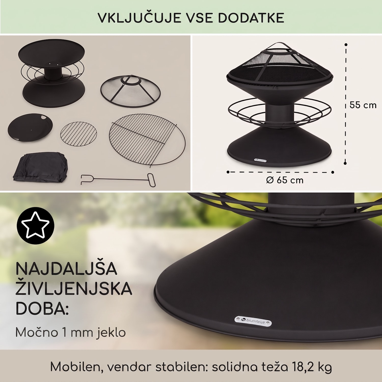 Aguilera, ognjišče z žarom, Ø 65 cm, predal za les, jeklo 