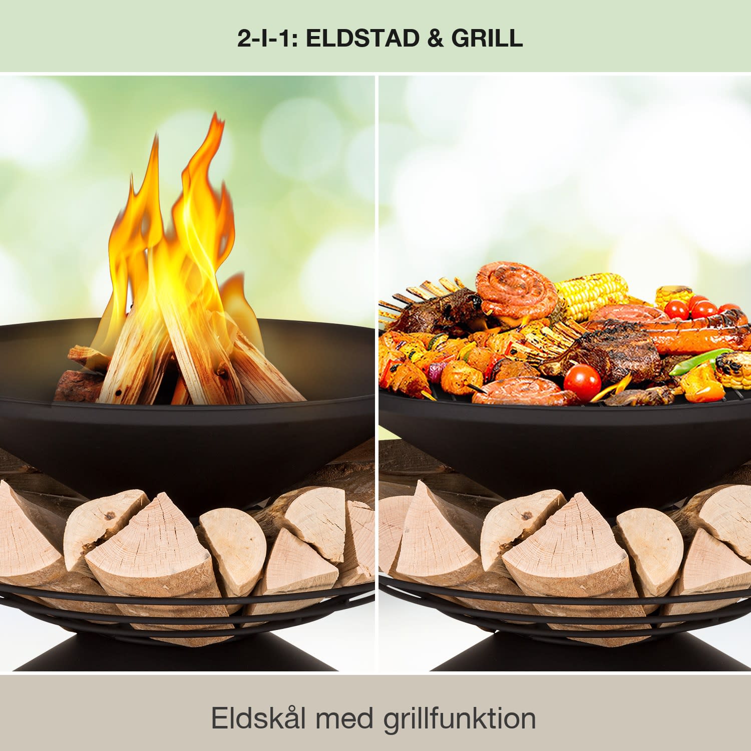 Aguilera Eldskål med grill Ø 65 cm trälager stål  Svart