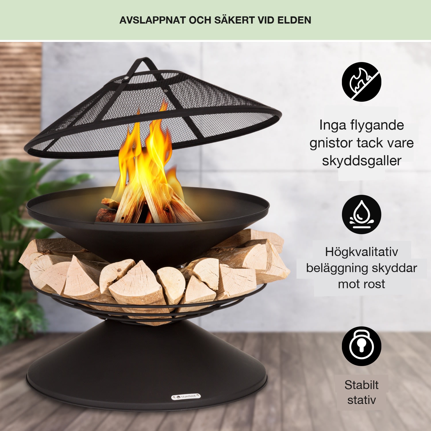 Aguilera Eldskål med grill Ø 65 cm trälager stål  Svart