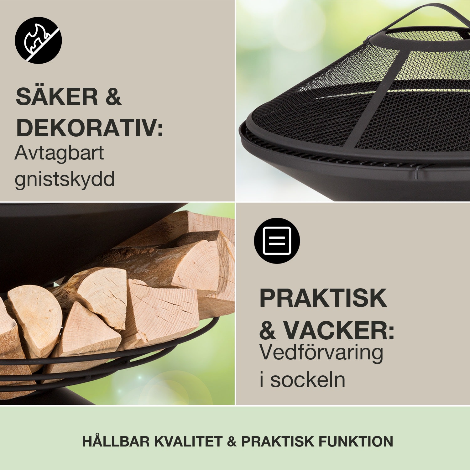 Aguilera Eldskål med grill Ø 65 cm trälager stål  Svart
