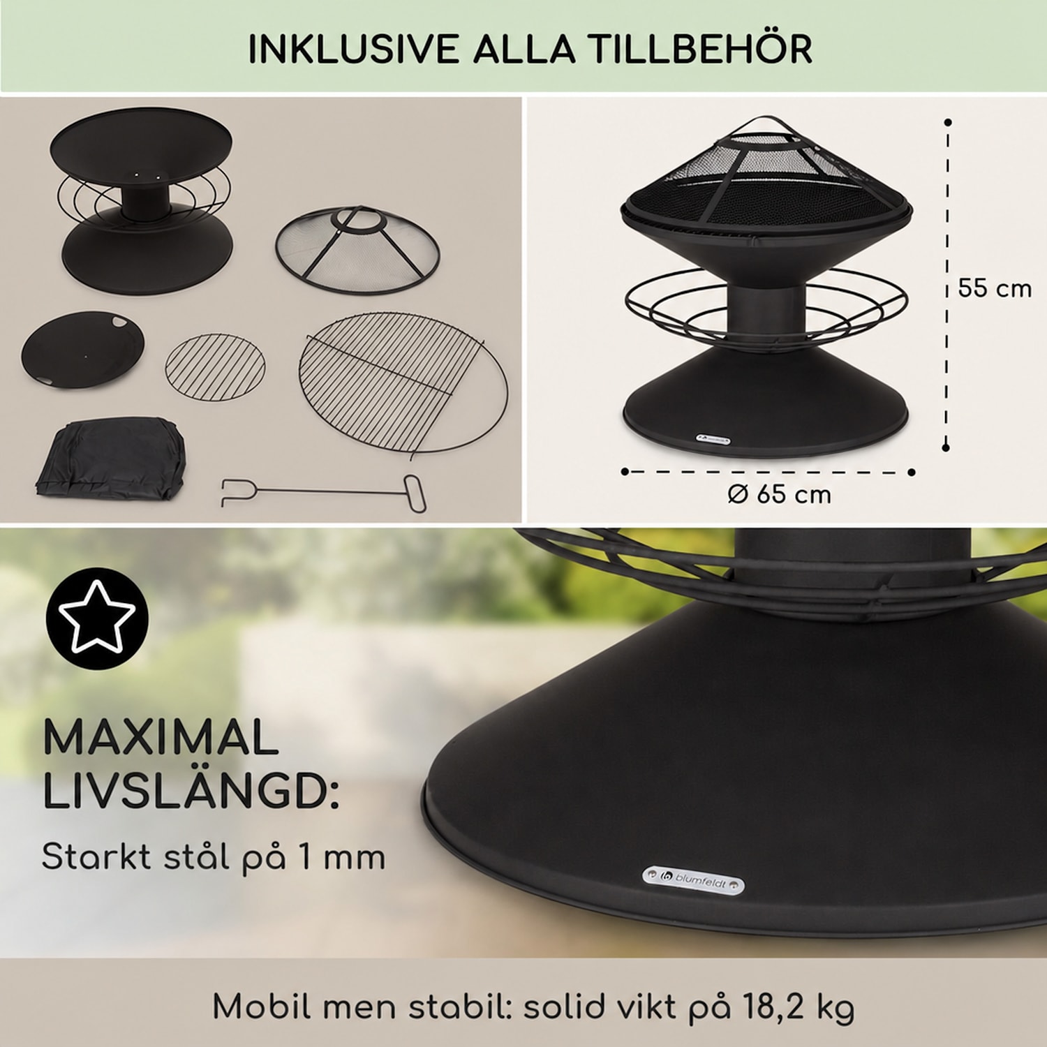 Aguilera Eldskål med grill Ø 65 cm trälager stål  Svart