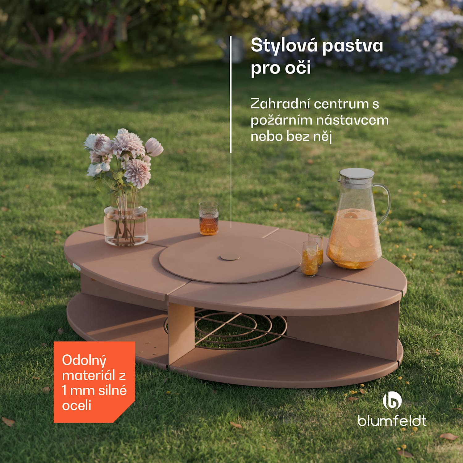 Firebowl Ebeko 3 v 1, lze použít jako gril nebo stůl, grilovací rošt + ochrana proti jiskrám Rez