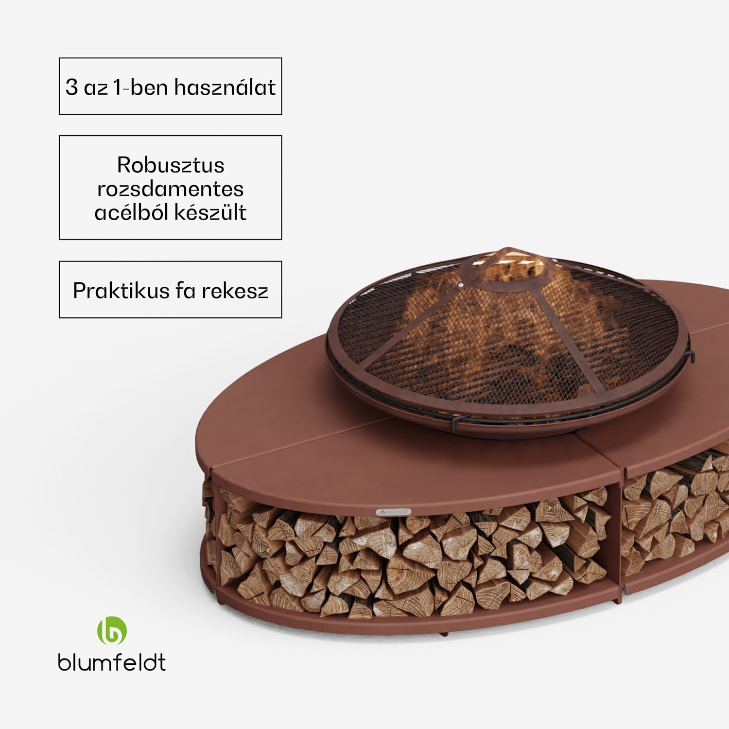 Firebowl Ebeko 3 az 1-ben, grillsütőként vagy asztalként is használható, grillrács + szikravédő Rozsda
